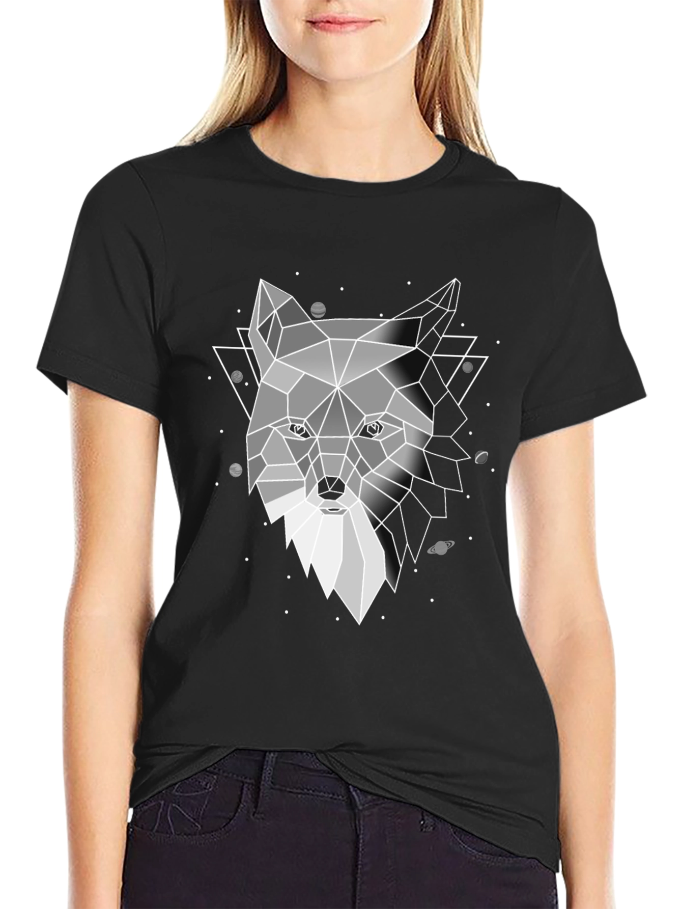 Geometric Fox Graphic Black T-Shirt