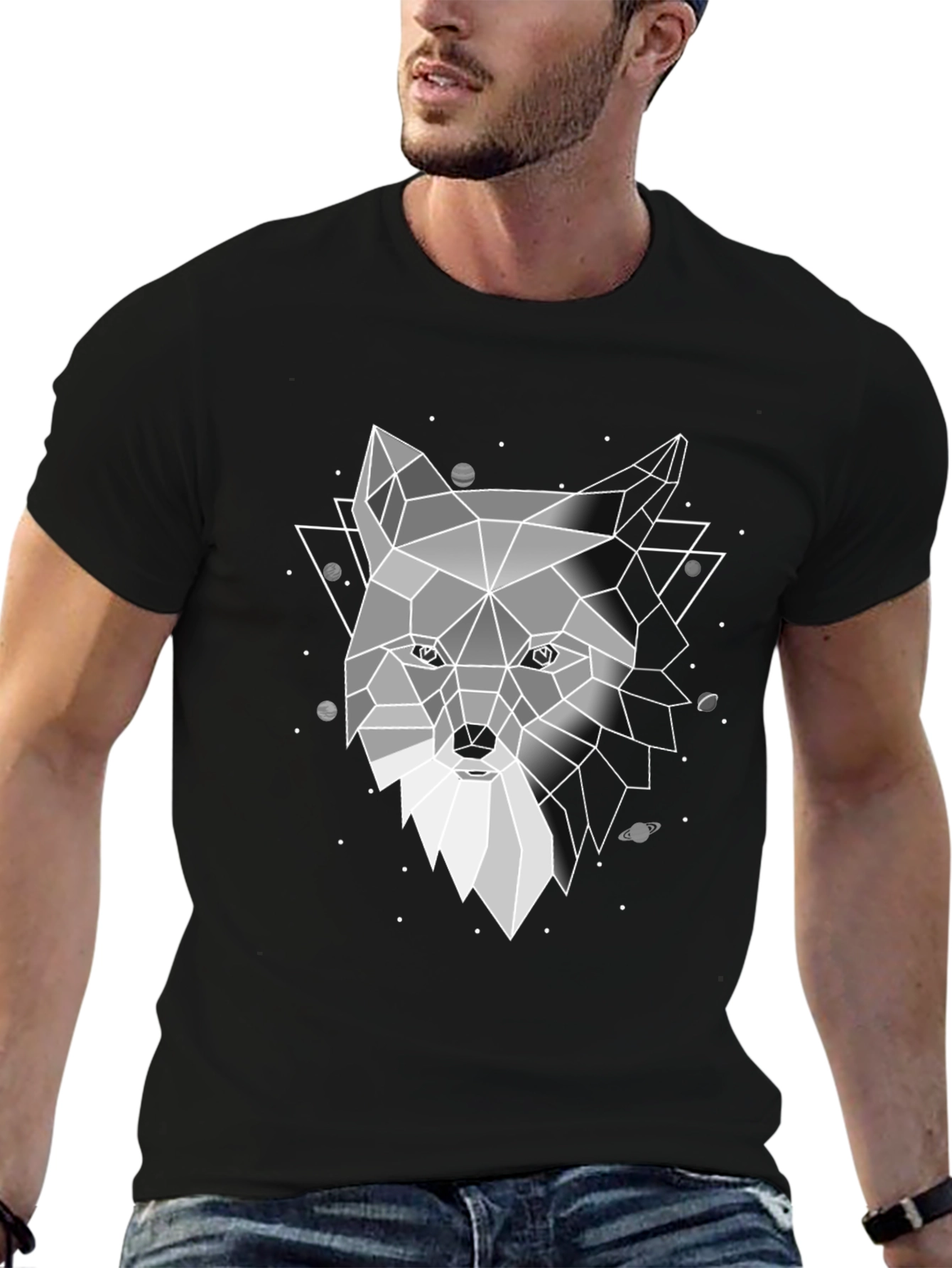 Geometric Fox Graphic Black T-Shirt
