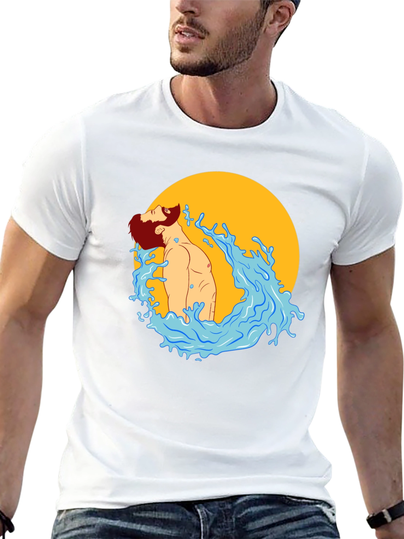 Illustrated Man in Water Graphic T-Shirt