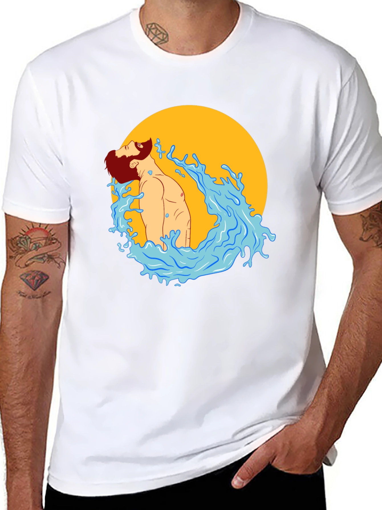 Illustrated Man in Water Graphic T-Shirt