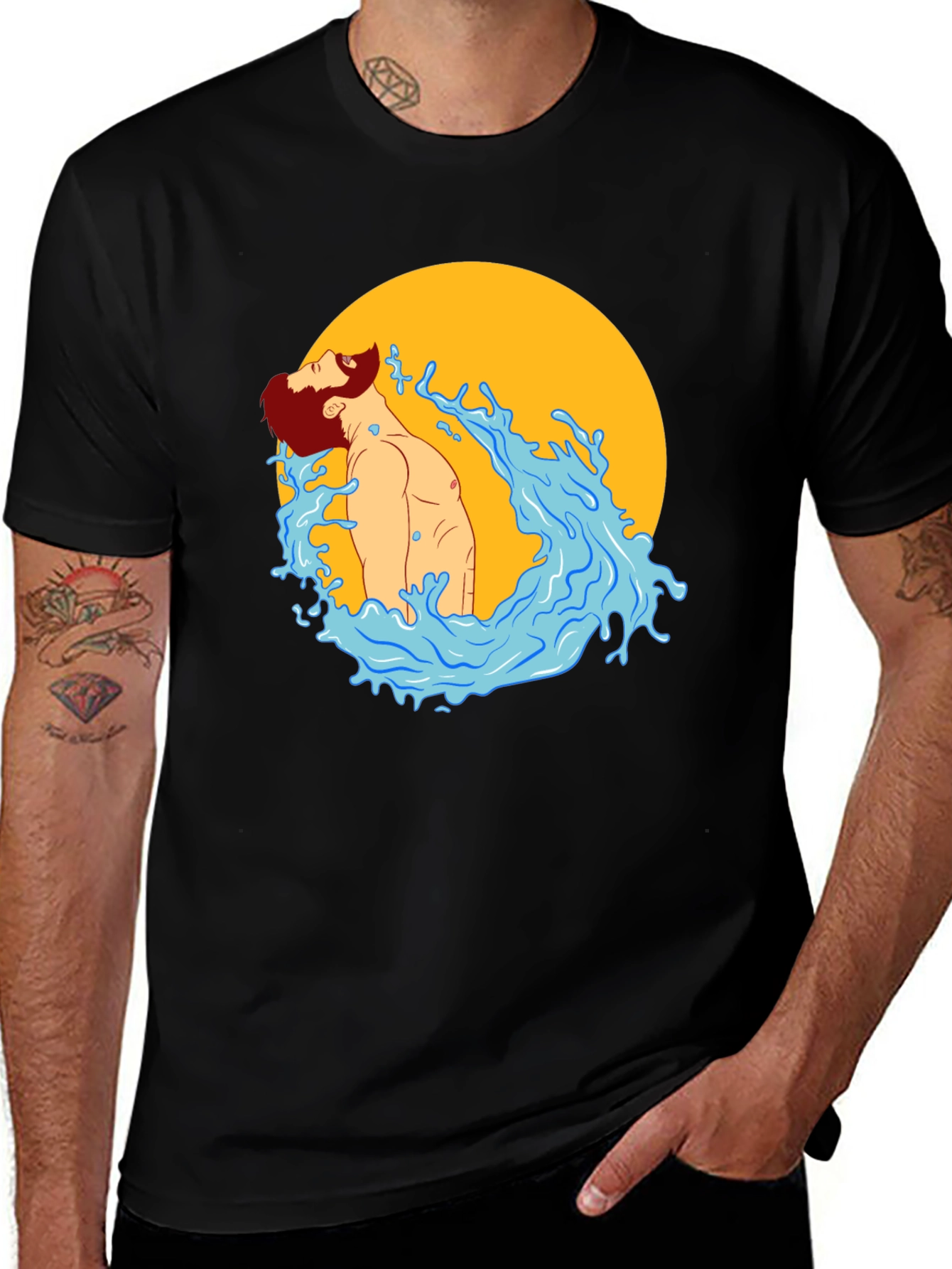 Illustrated Man in Water Graphic T-Shirt