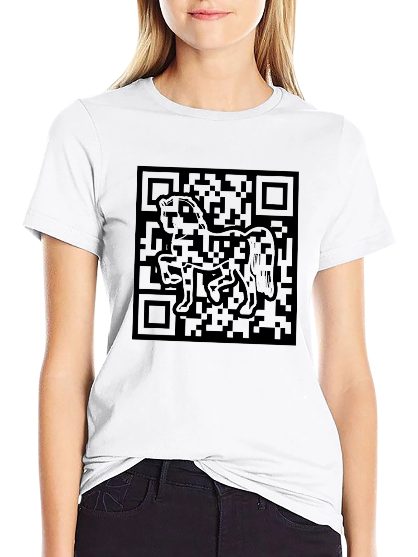 Black QR Code Horse Graphic T-Shirt