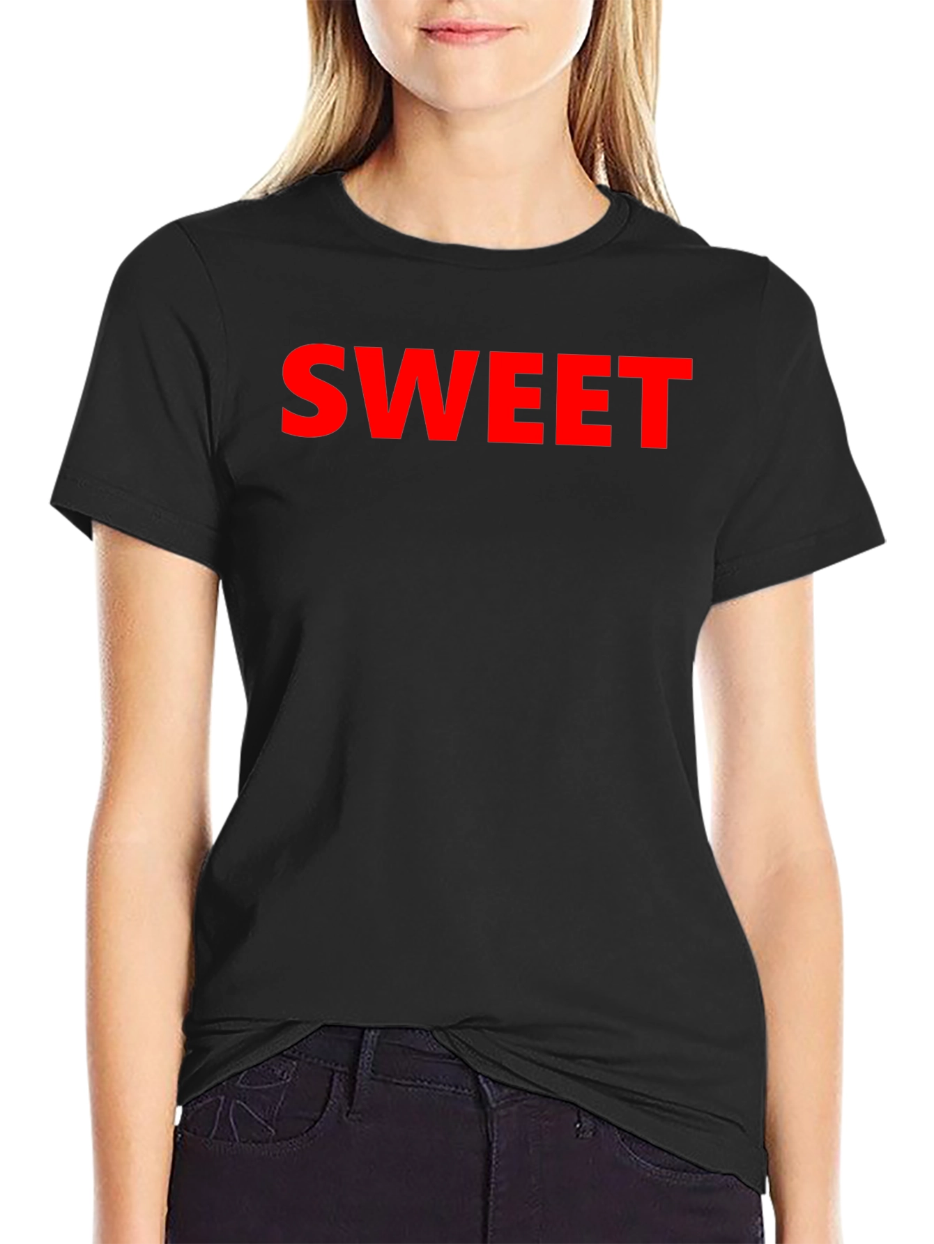 Sweet Red Text Graphic Black T-Shirt