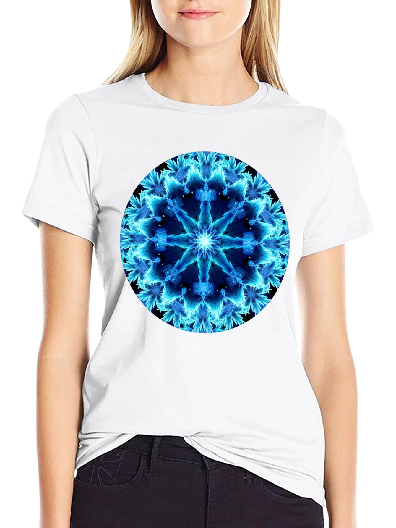 Electric Blue Mandala Black T-Shirt