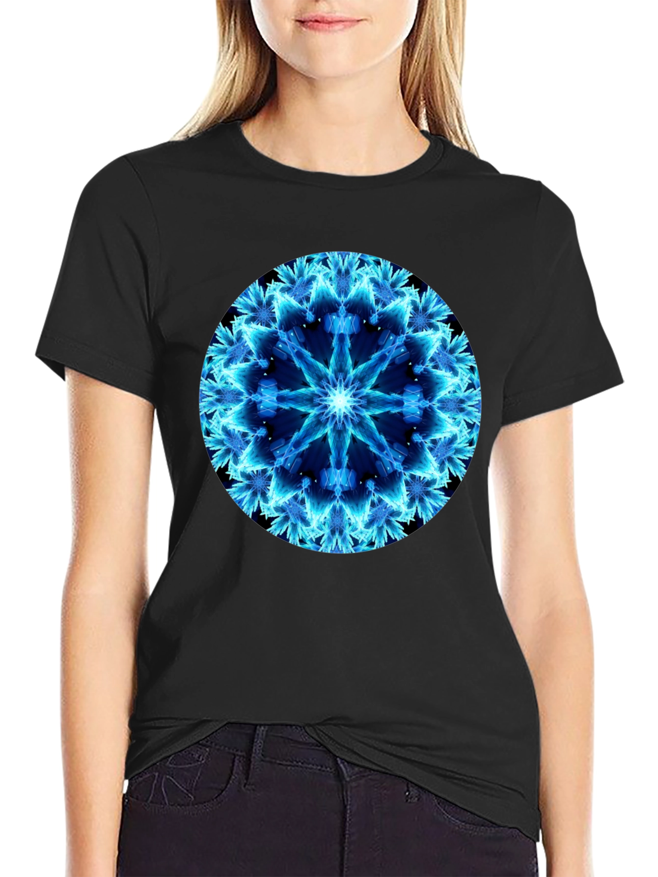 Electric Blue Mandala Black T-Shirt