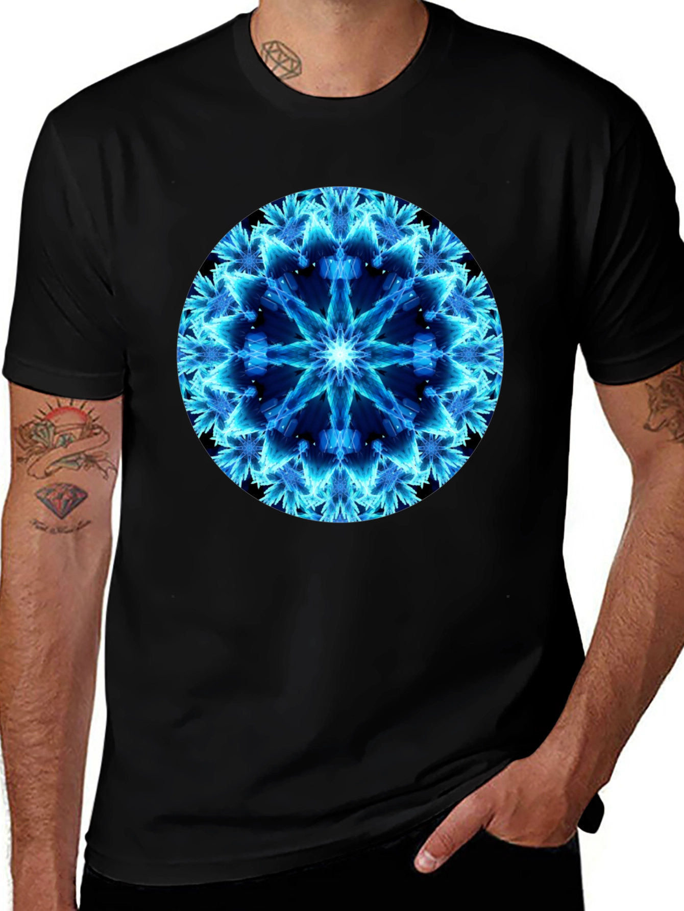 Electric Blue Mandala Black T-Shirt