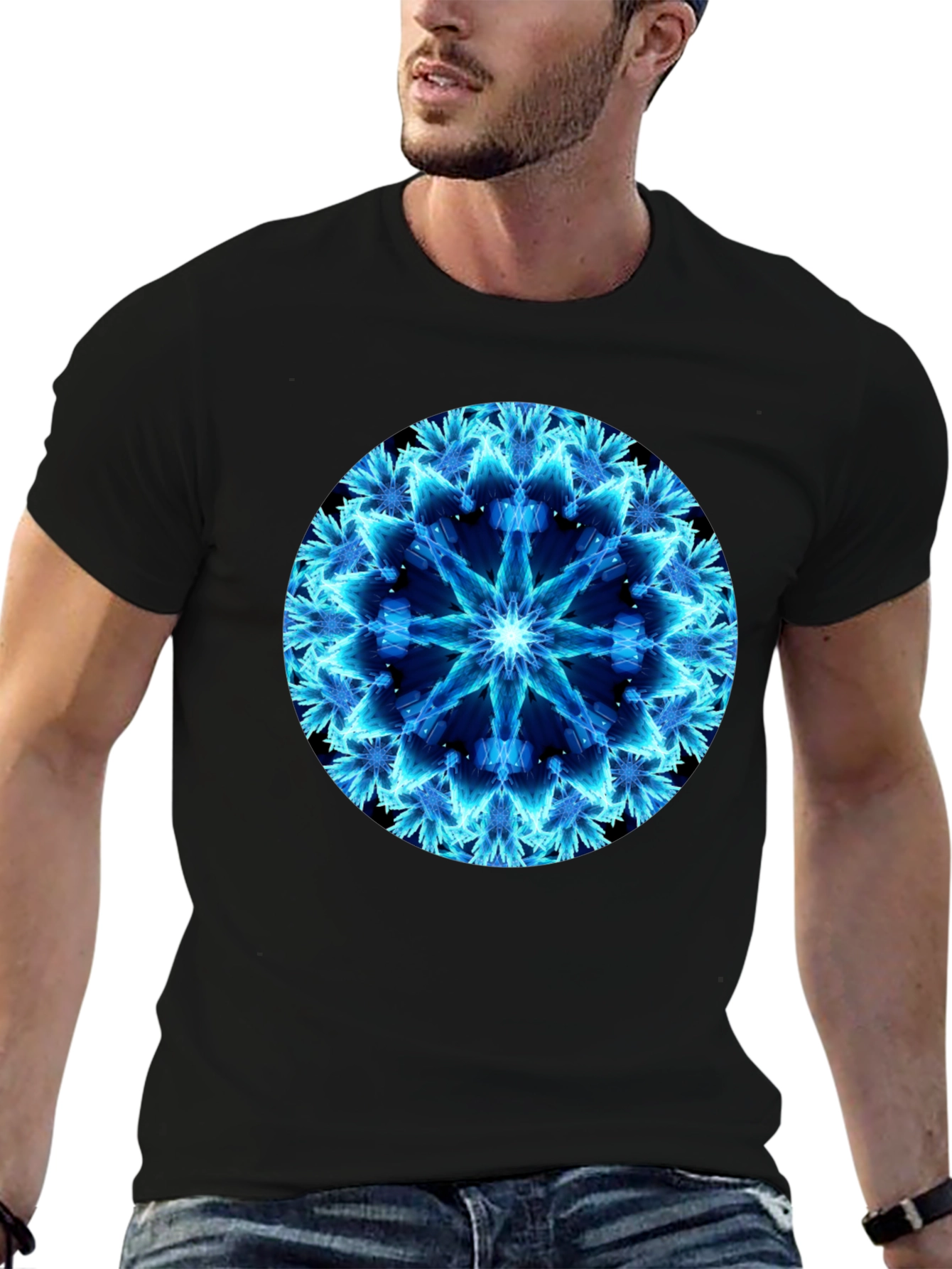 Electric Blue Mandala Black T-Shirt