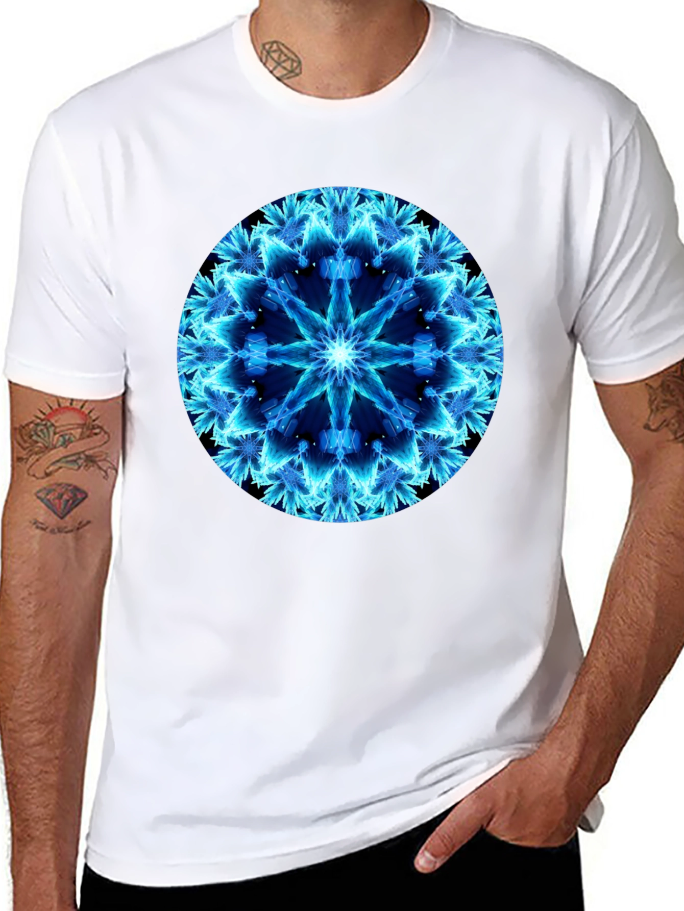 Electric Blue Mandala Black T-Shirt
