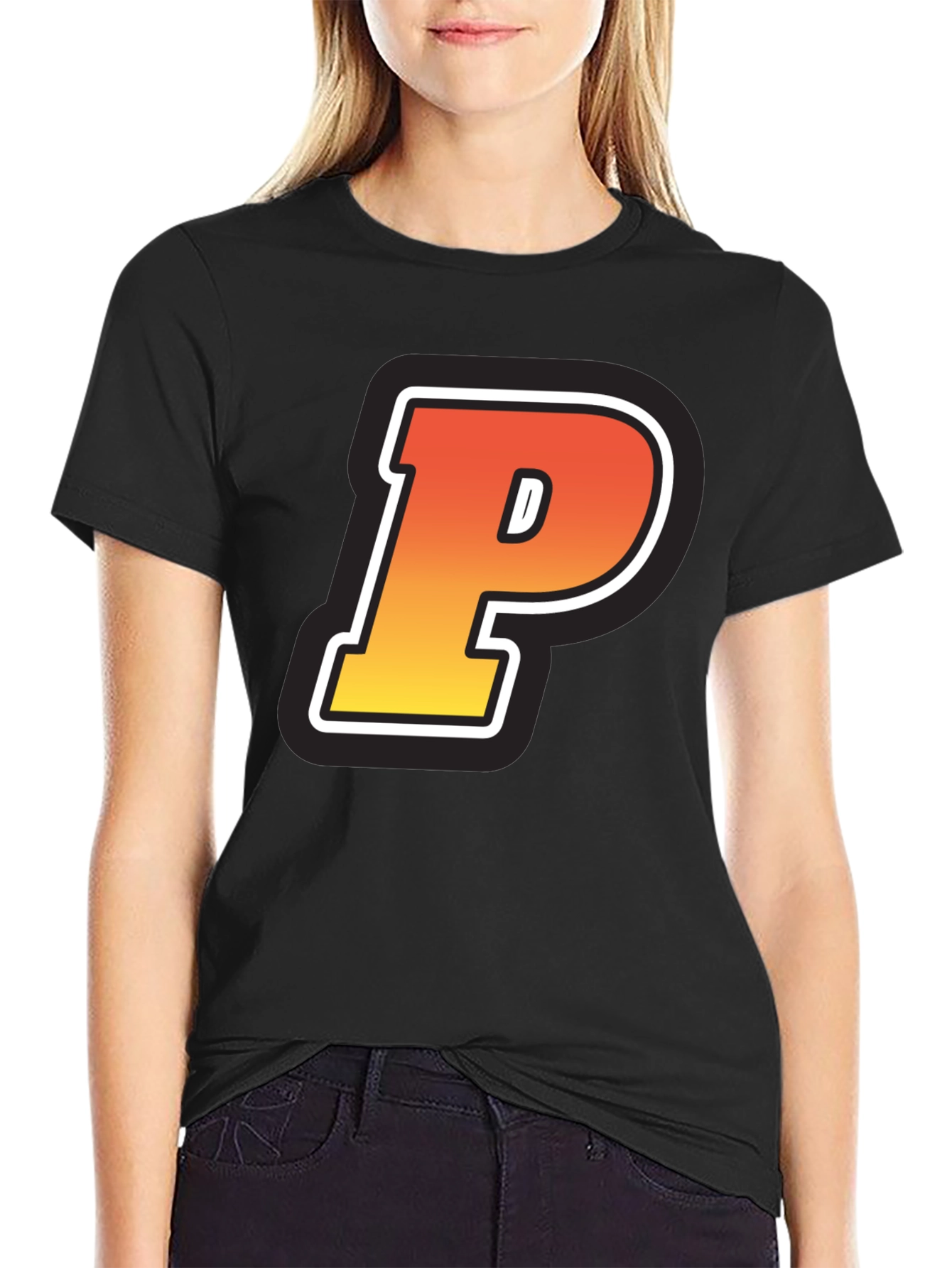 Retro P Letter T-Shirt - Black Cotton Tee