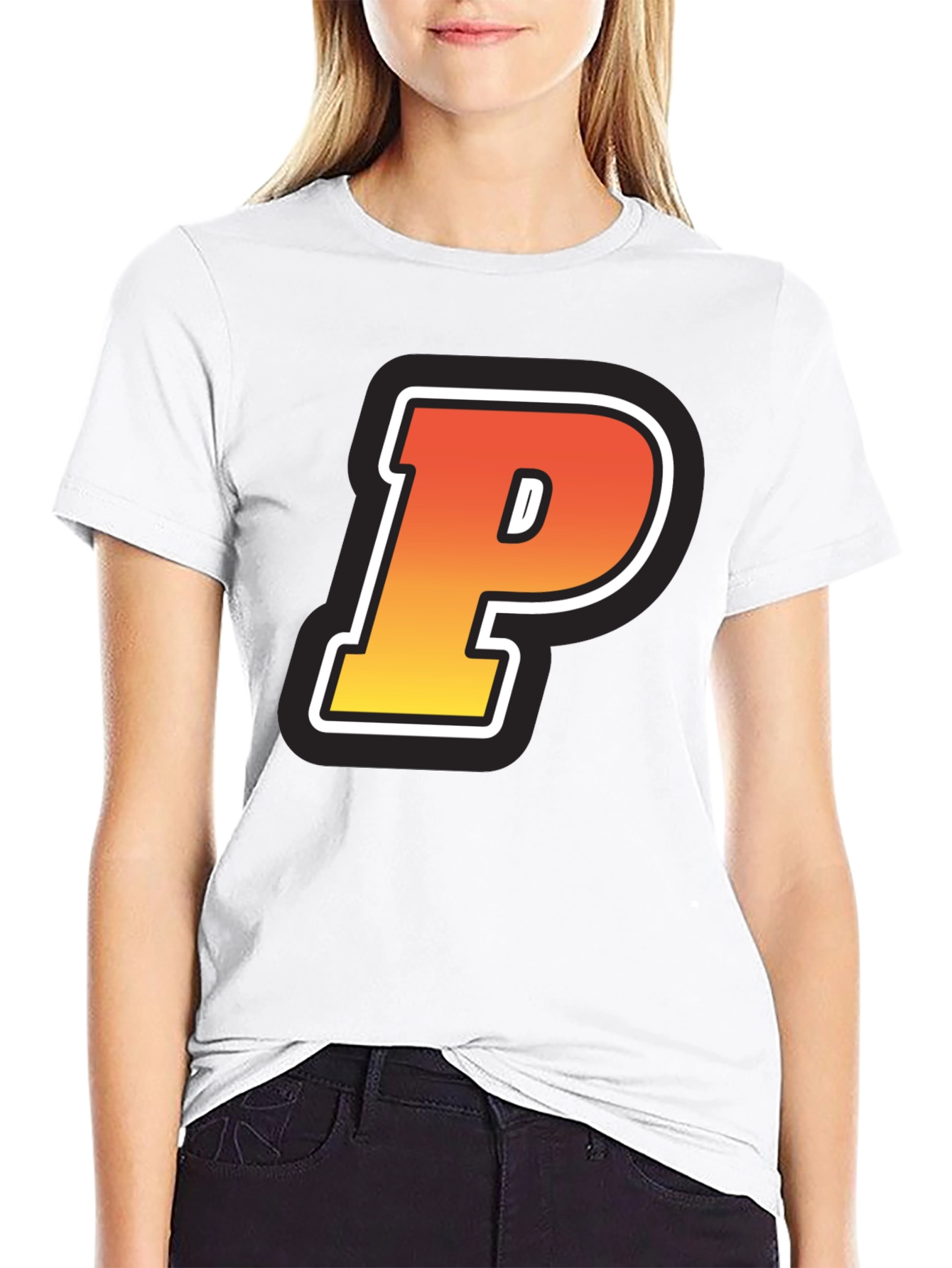 Retro P Letter T-Shirt - Black Cotton Tee