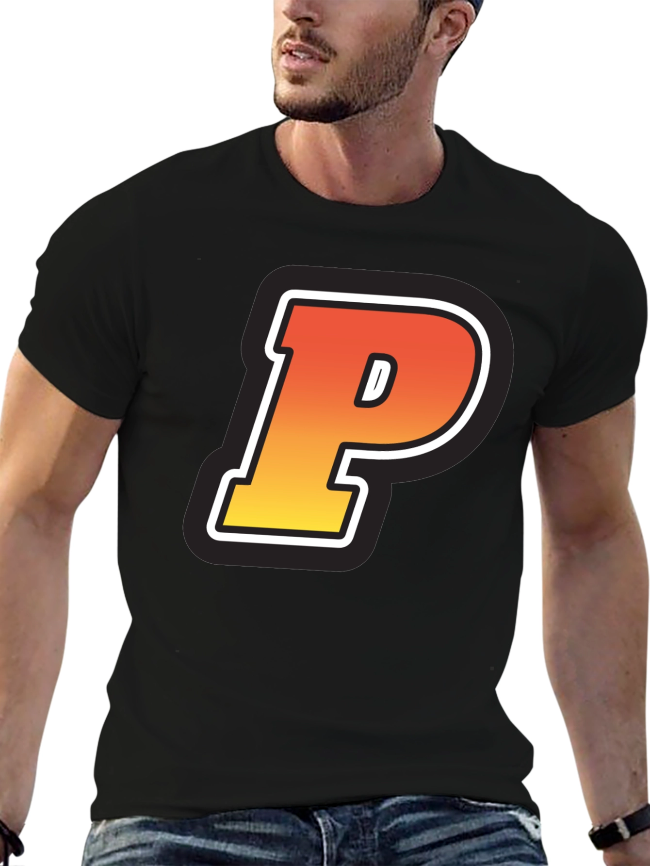 Retro P Letter T-Shirt - Black Cotton Tee