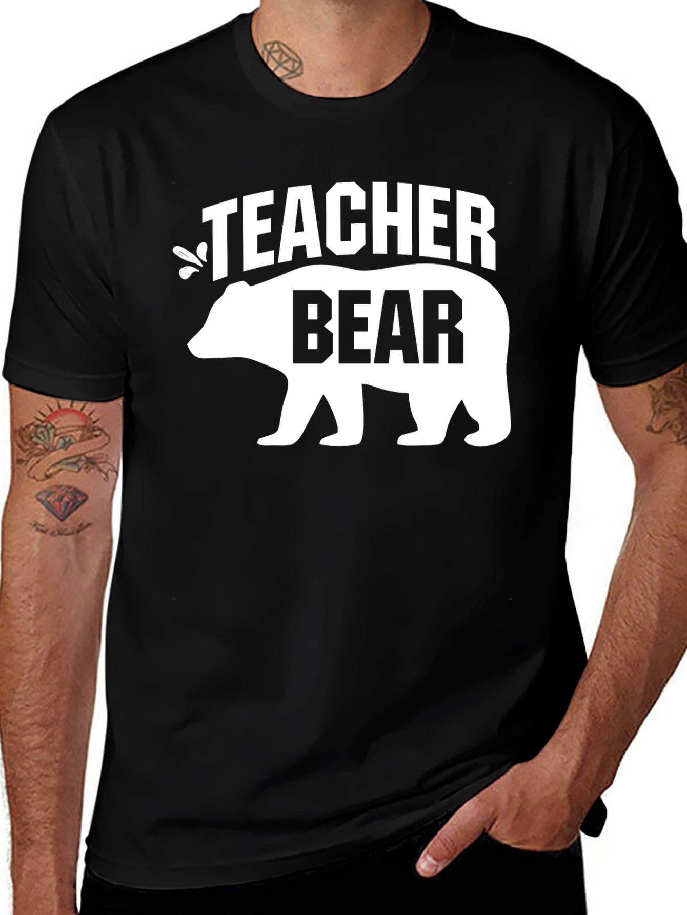 Teacher Bear Graphic T-Shirt - Black Crew Neck