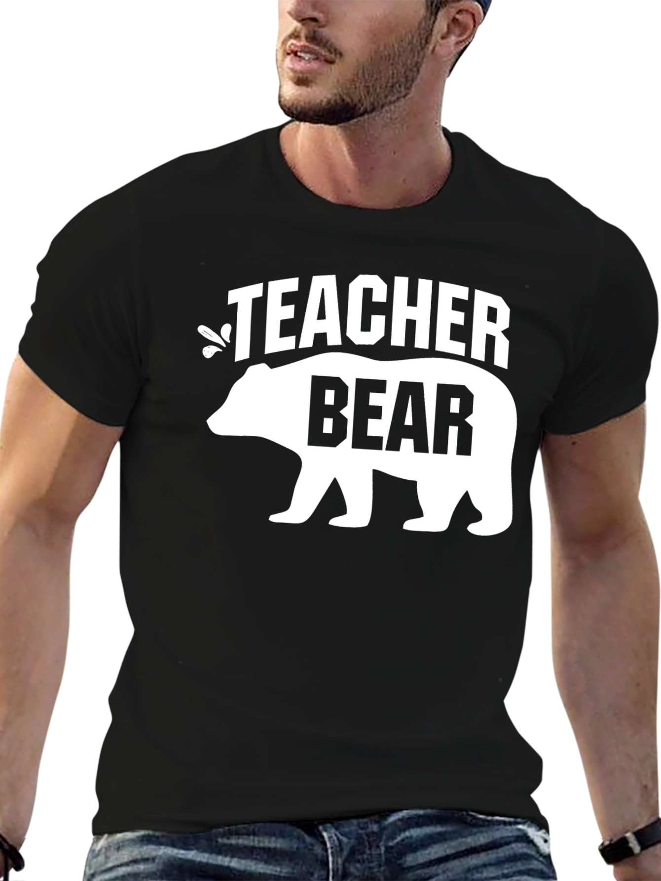 Teacher Bear Graphic T-Shirt - Black Crew Neck