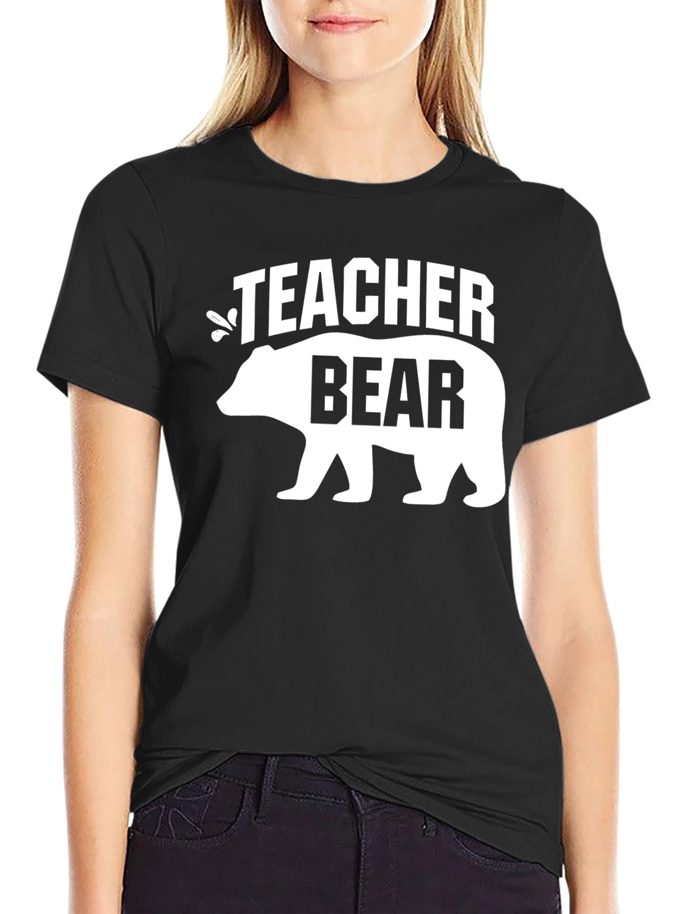 Teacher Bear Graphic T-Shirt - Black Crew Neck