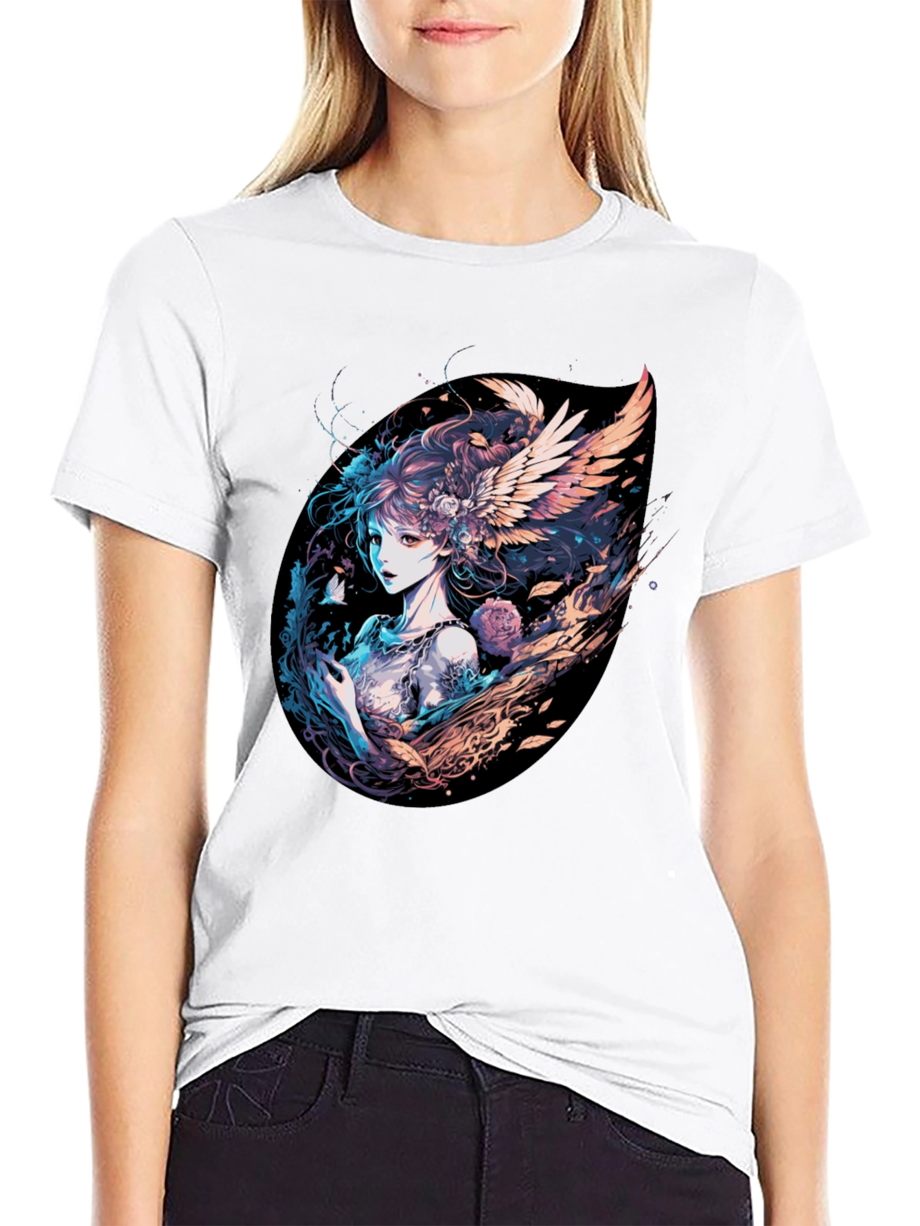 Winged Anime Girl Black T-Shirt