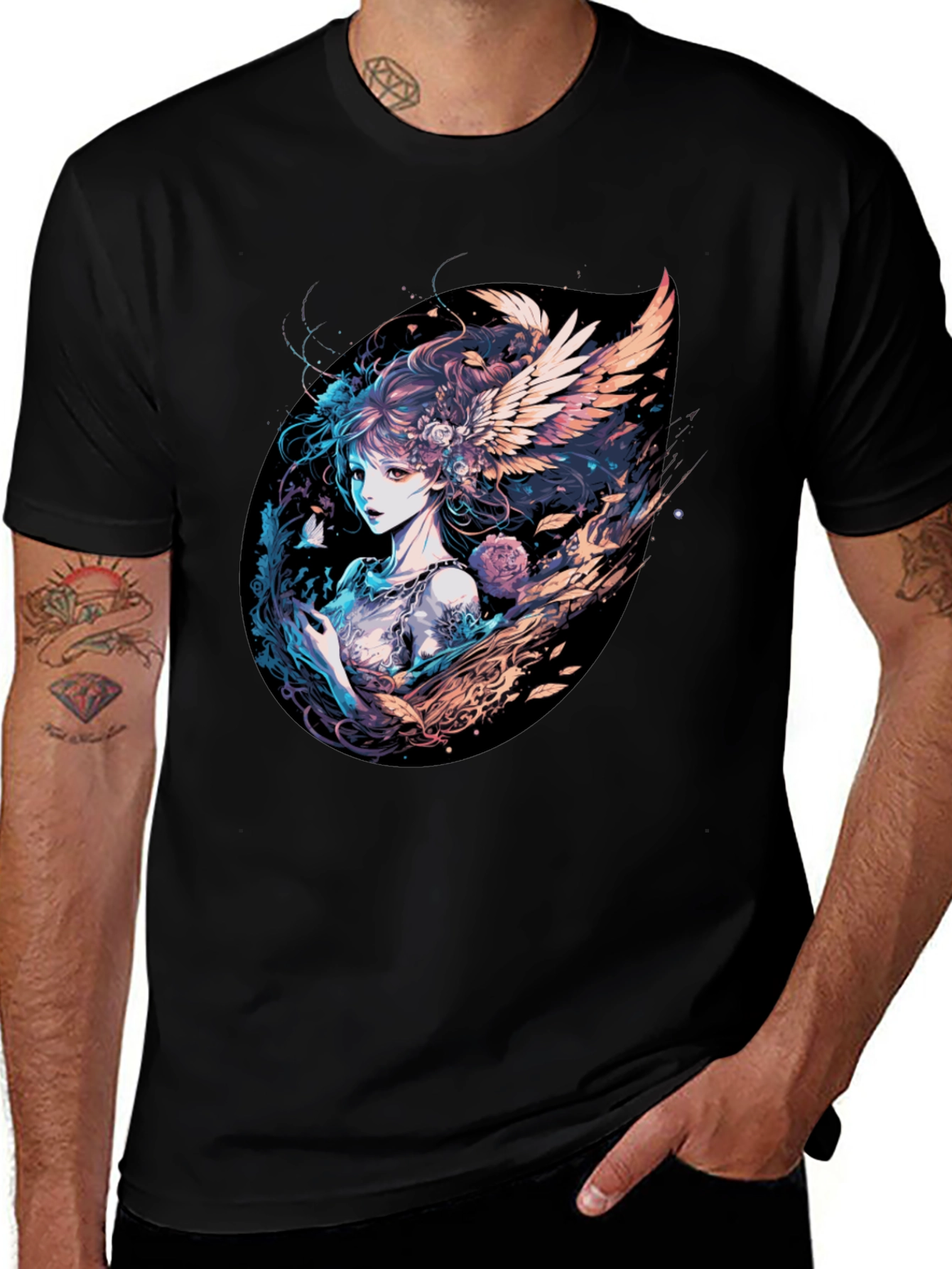 Winged Anime Girl Black T-Shirt