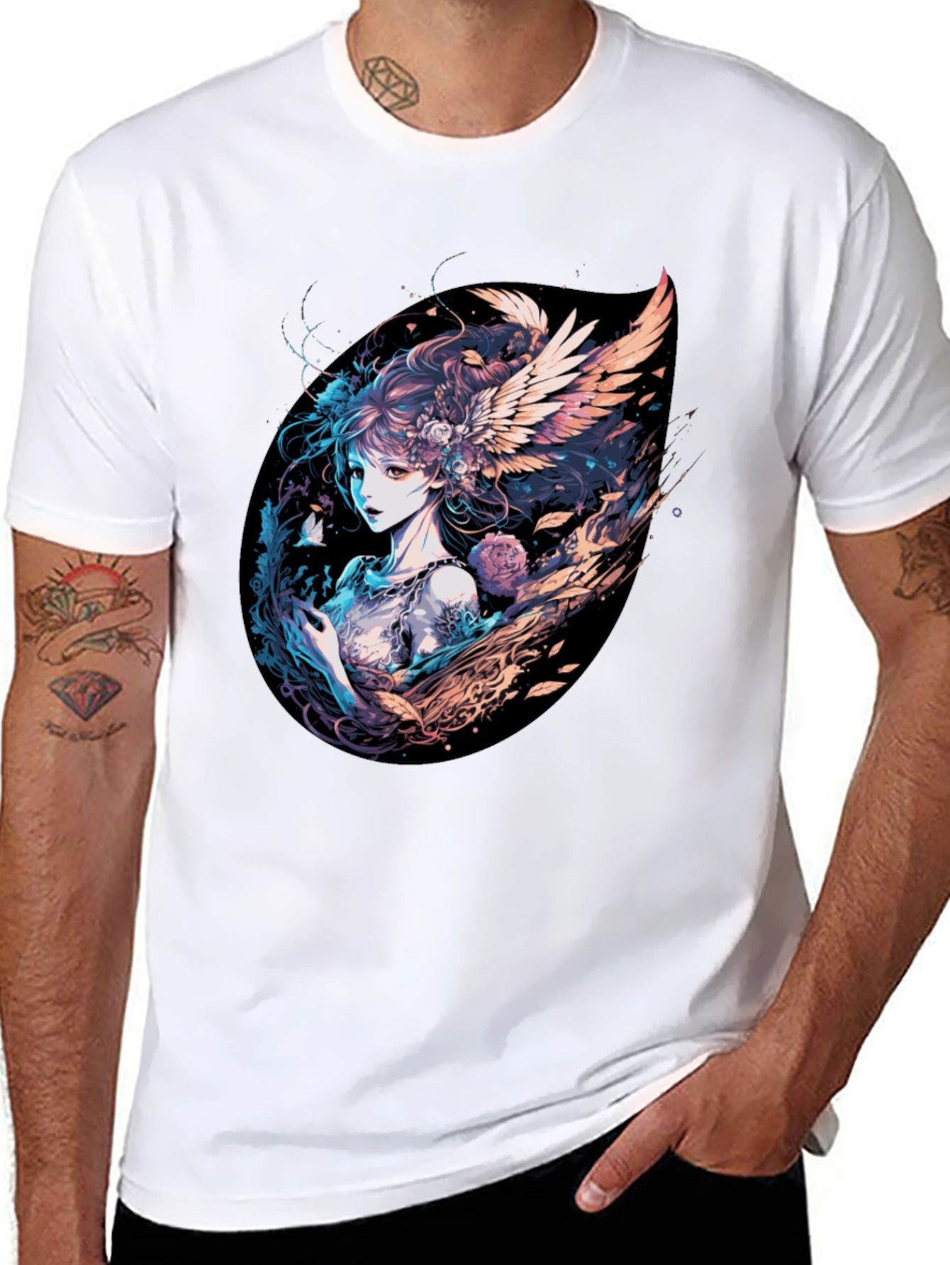 Winged Anime Girl Black T-Shirt