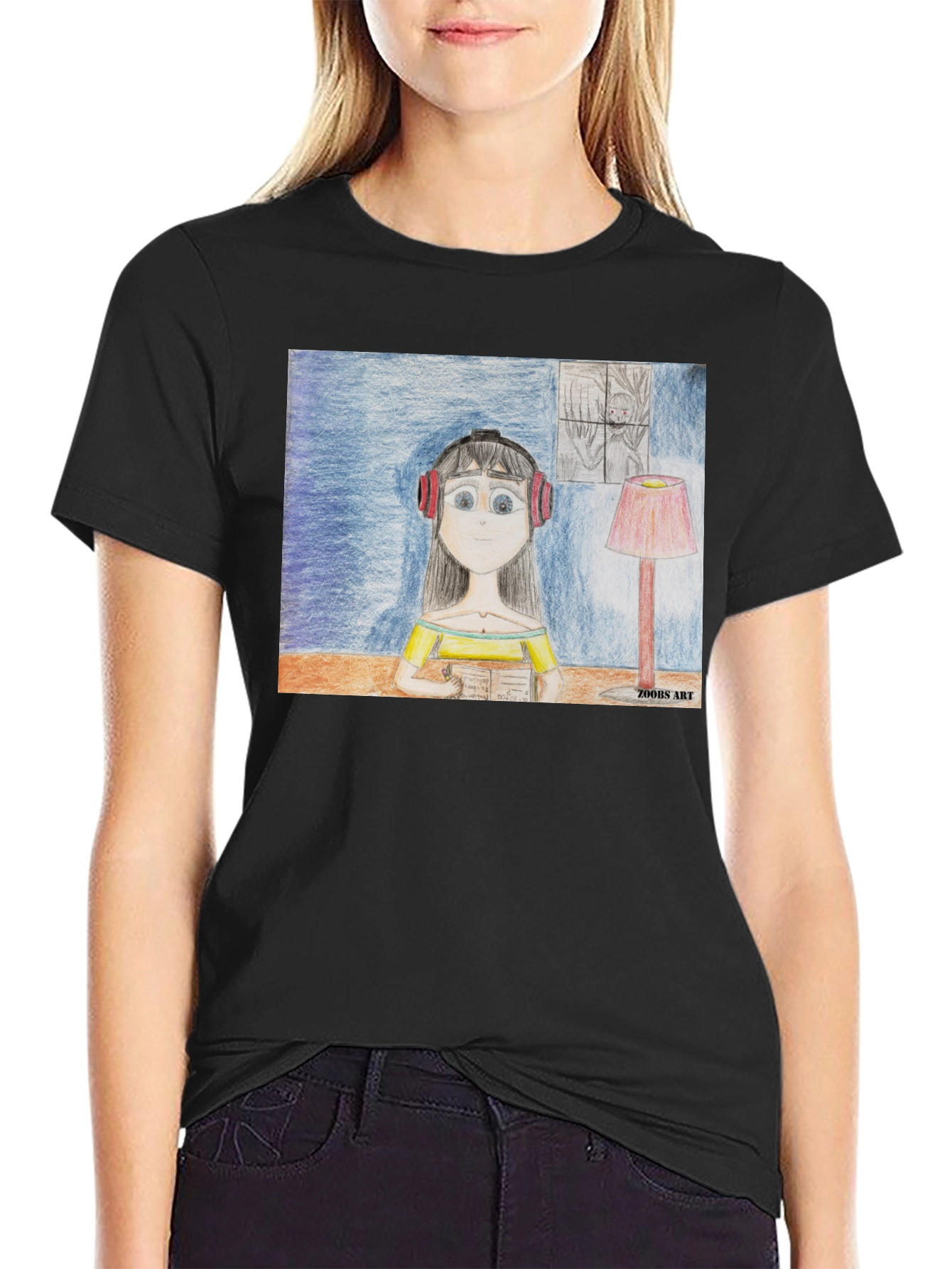 Artistic Girl on a Black T-Shirt