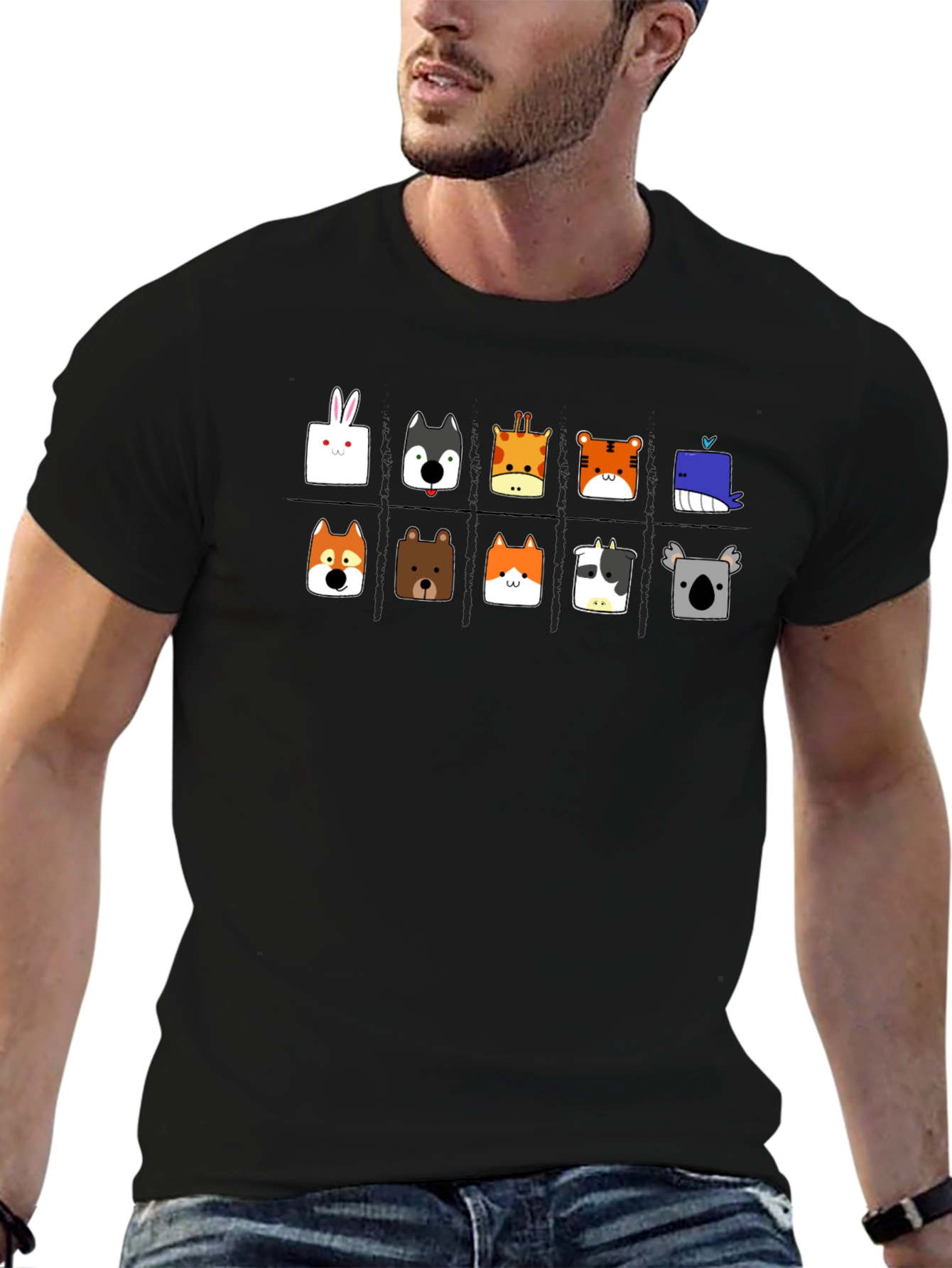 Cute Animal Faces Black T-Shirt