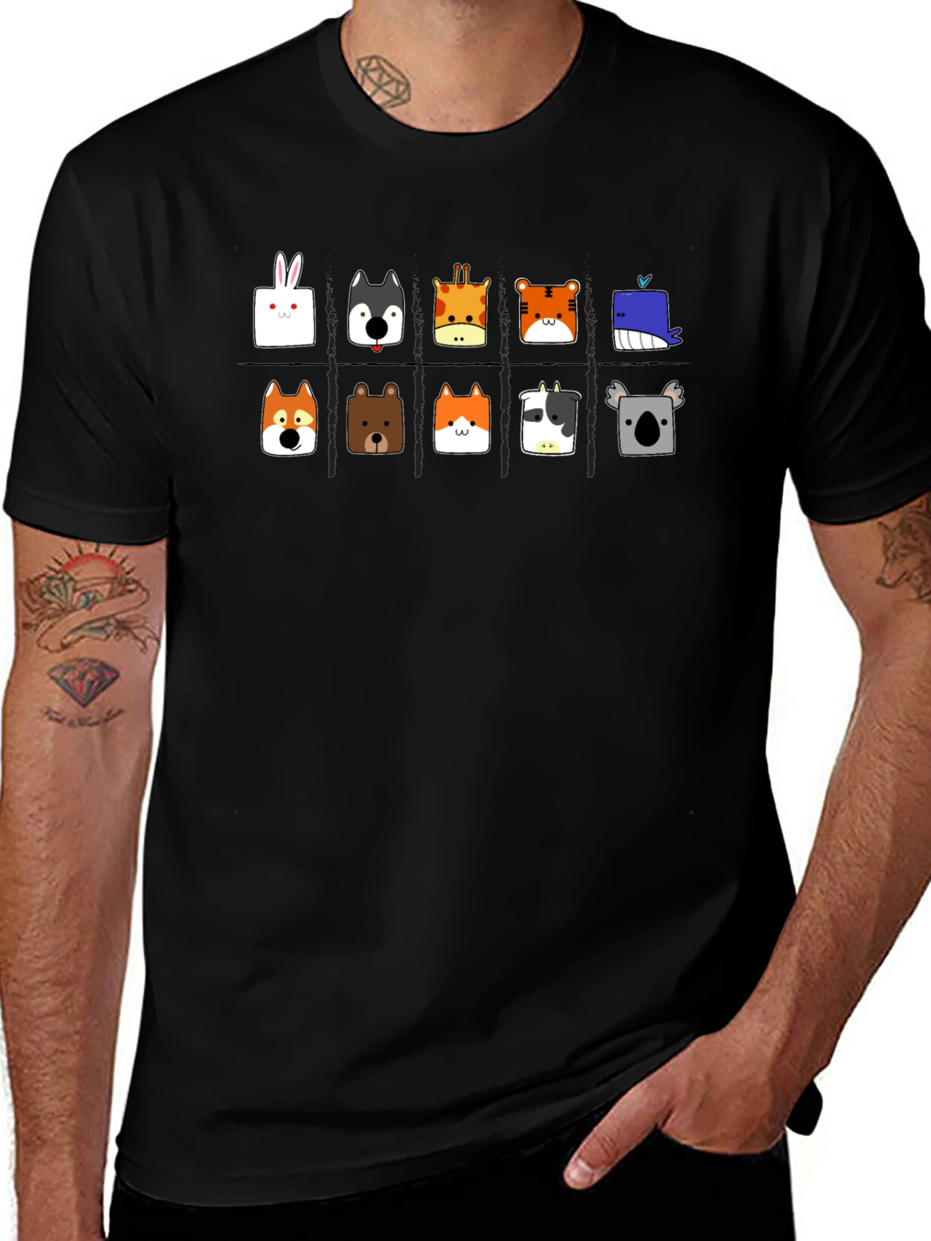 Cute Animal Faces Black T-Shirt