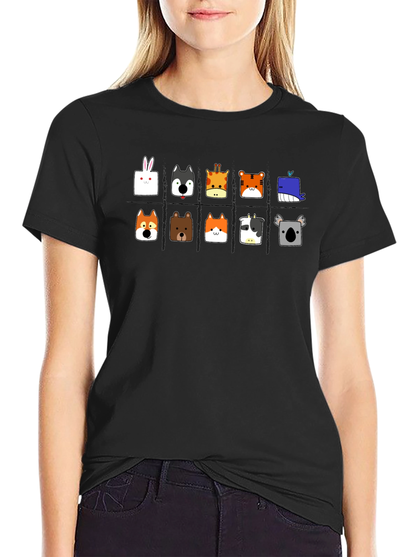 Cute Animal Faces Black T-Shirt