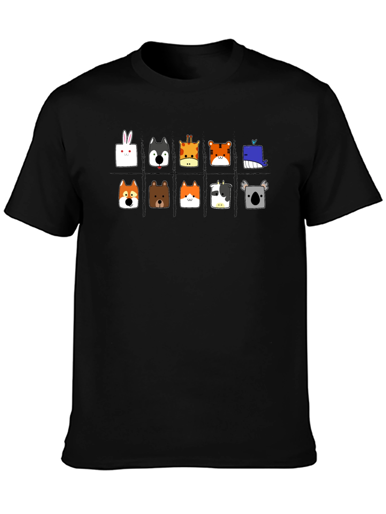 Cute Animal Faces Black T-Shirt