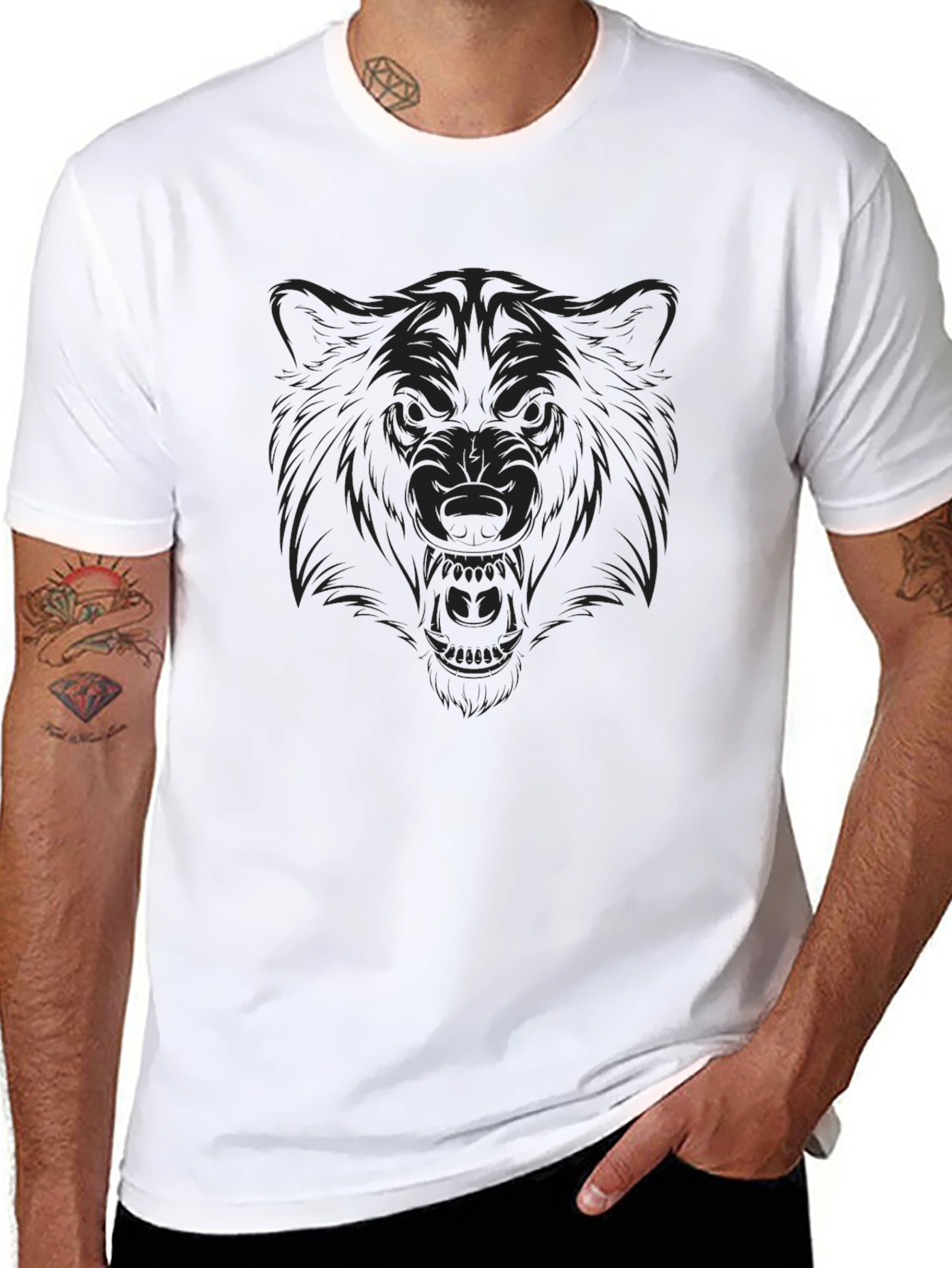Mens Black T-Shirt with Wolf Graphic