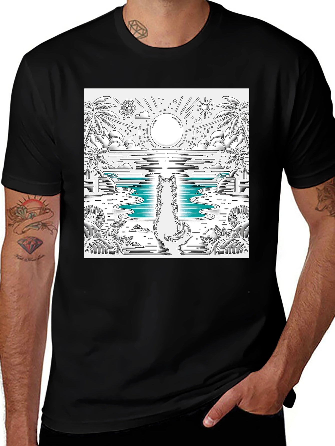 Wolf Sunset Beach Graphic Tee - Black Cotton Blend