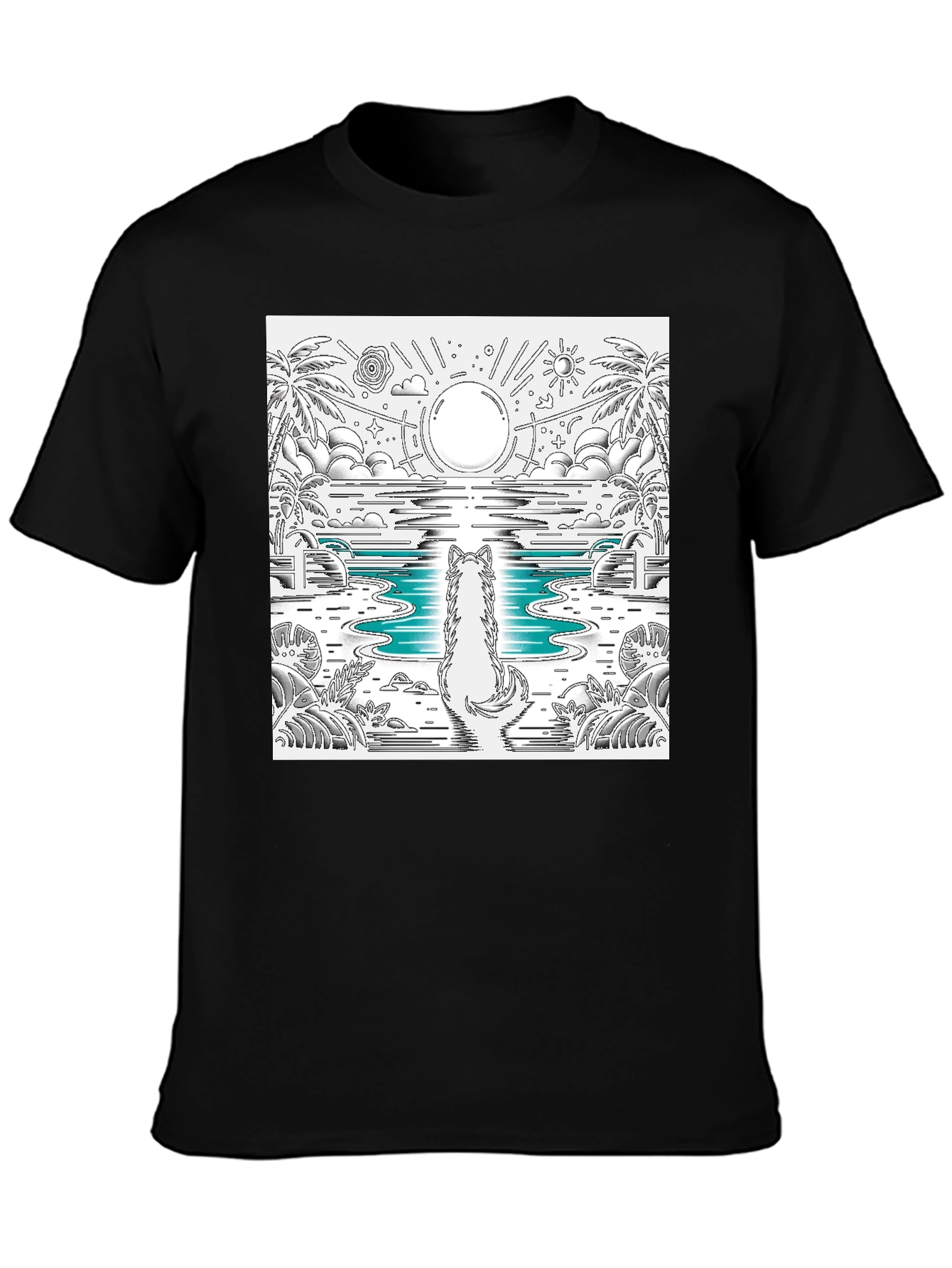 Wolf Sunset Beach Graphic Tee - Black Cotton Blend