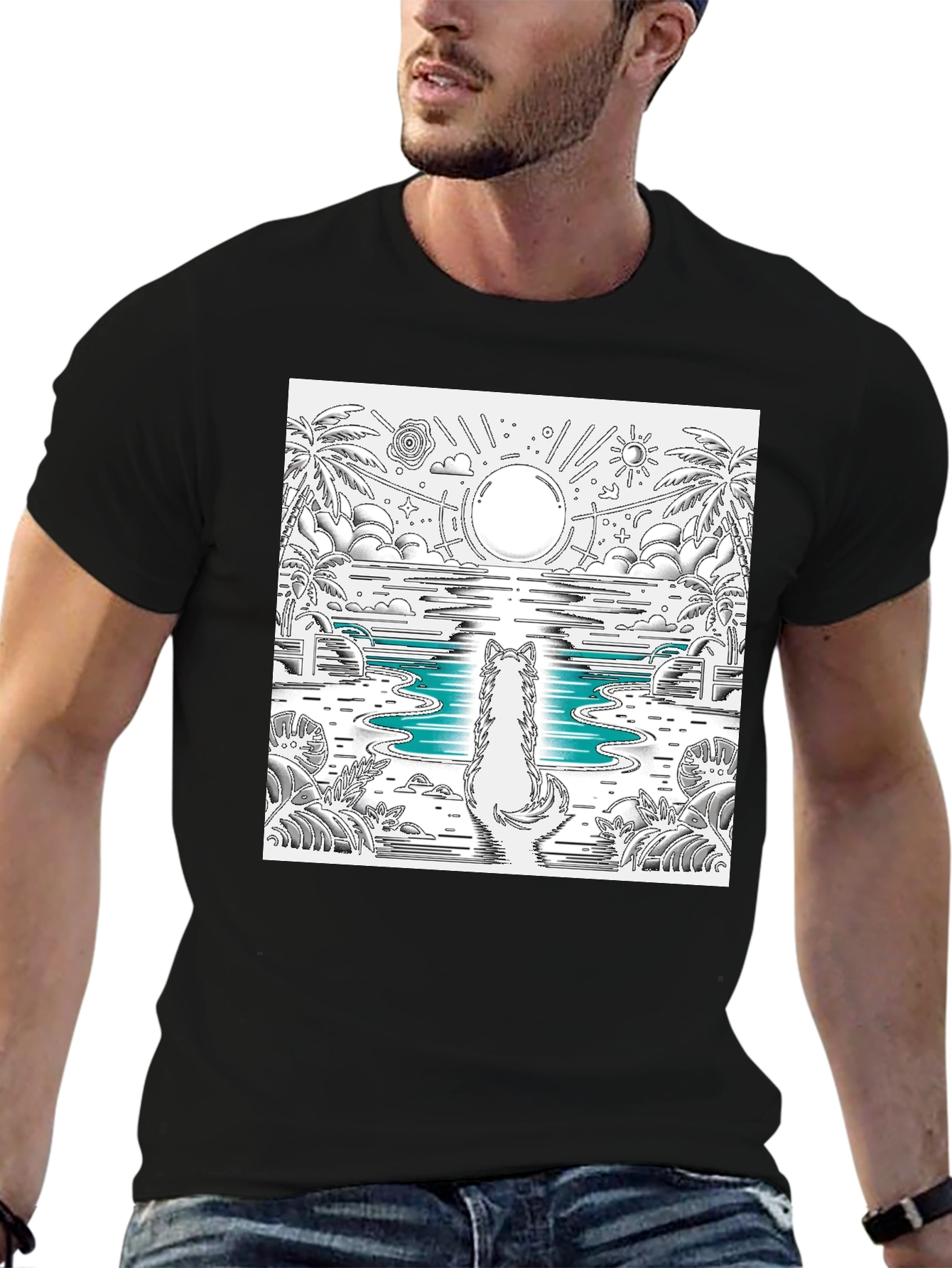 Wolf Sunset Beach Graphic Tee - Black Cotton Blend