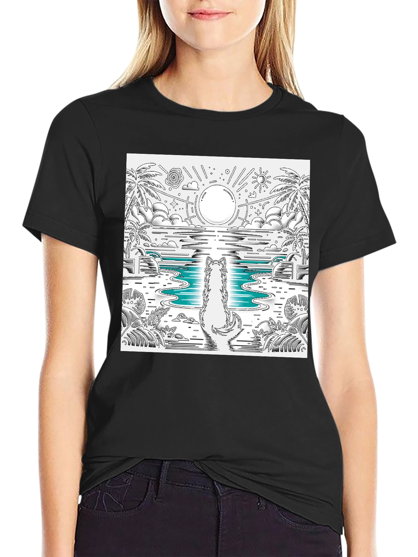 Wolf Sunset Beach Graphic Tee - Black Cotton Blend