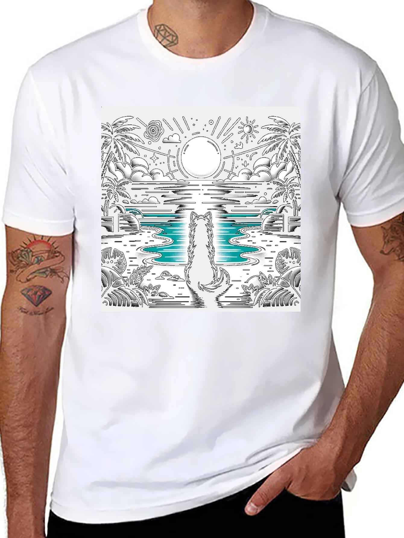 Wolf Sunset Beach Graphic Tee - Black Cotton Blend