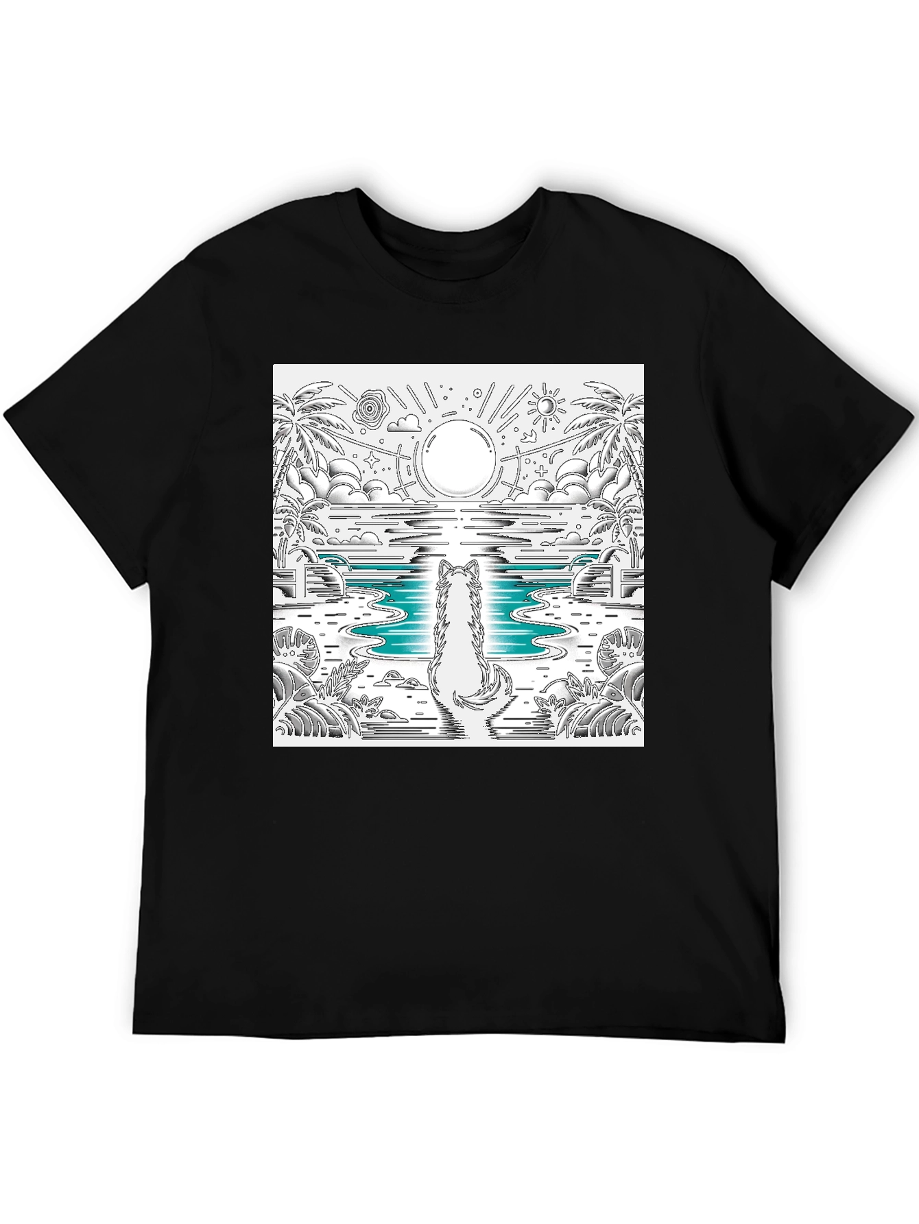 Wolf Sunset Beach Graphic Tee - Black Cotton Blend