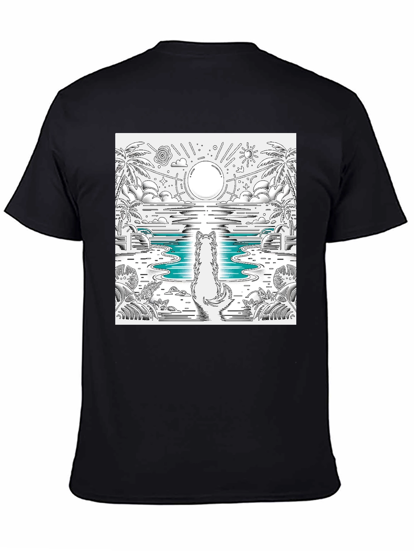 Wolf Sunset Beach Graphic Tee - Black Cotton Blend