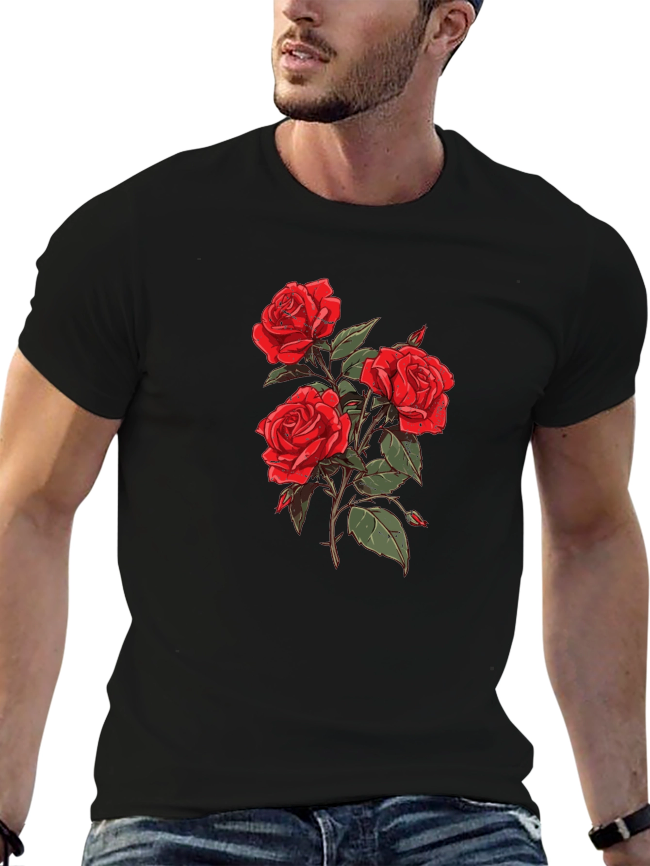 Black T-Shirt with Rose Graphic
