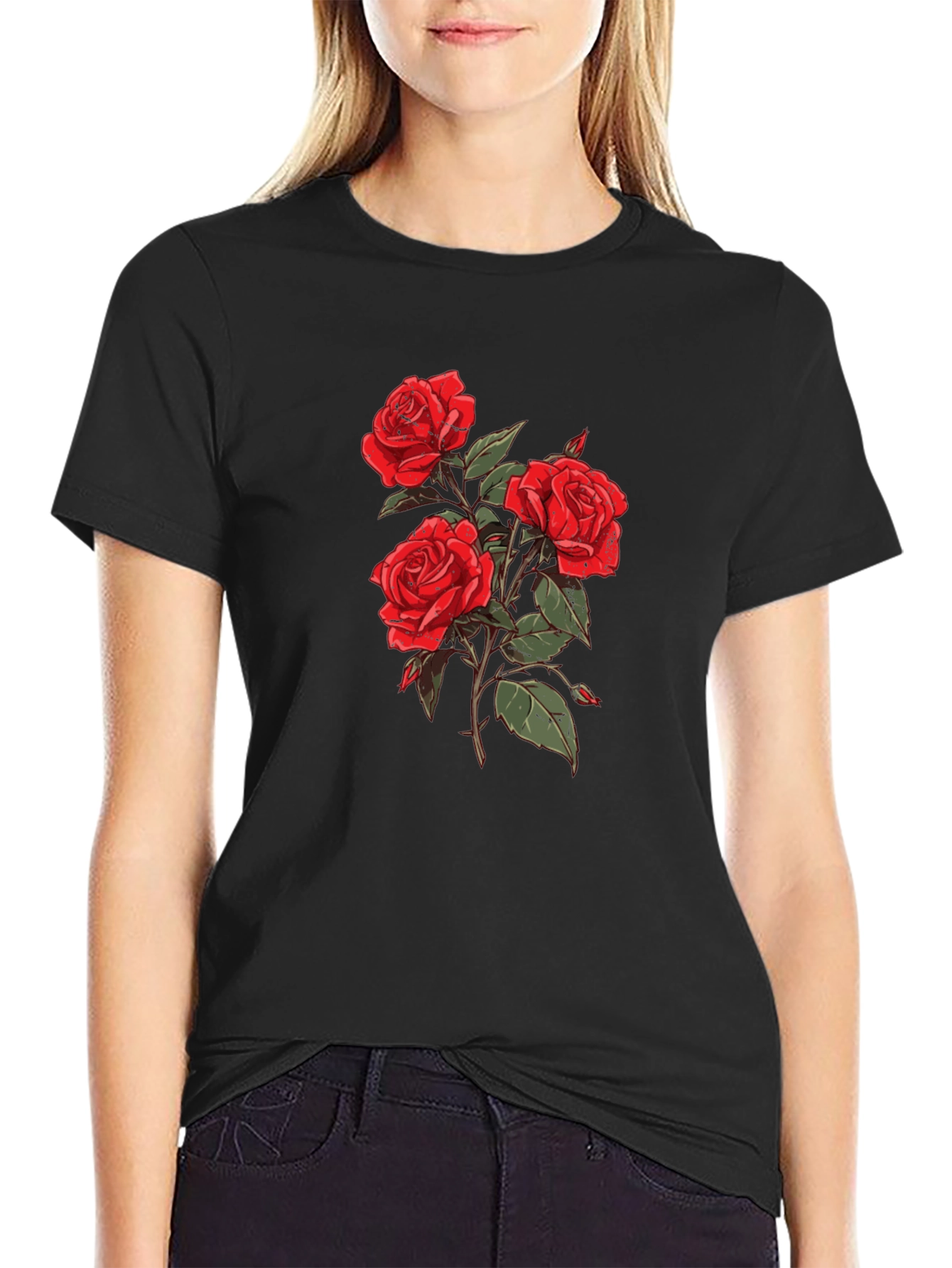 Black T-Shirt with Rose Graphic