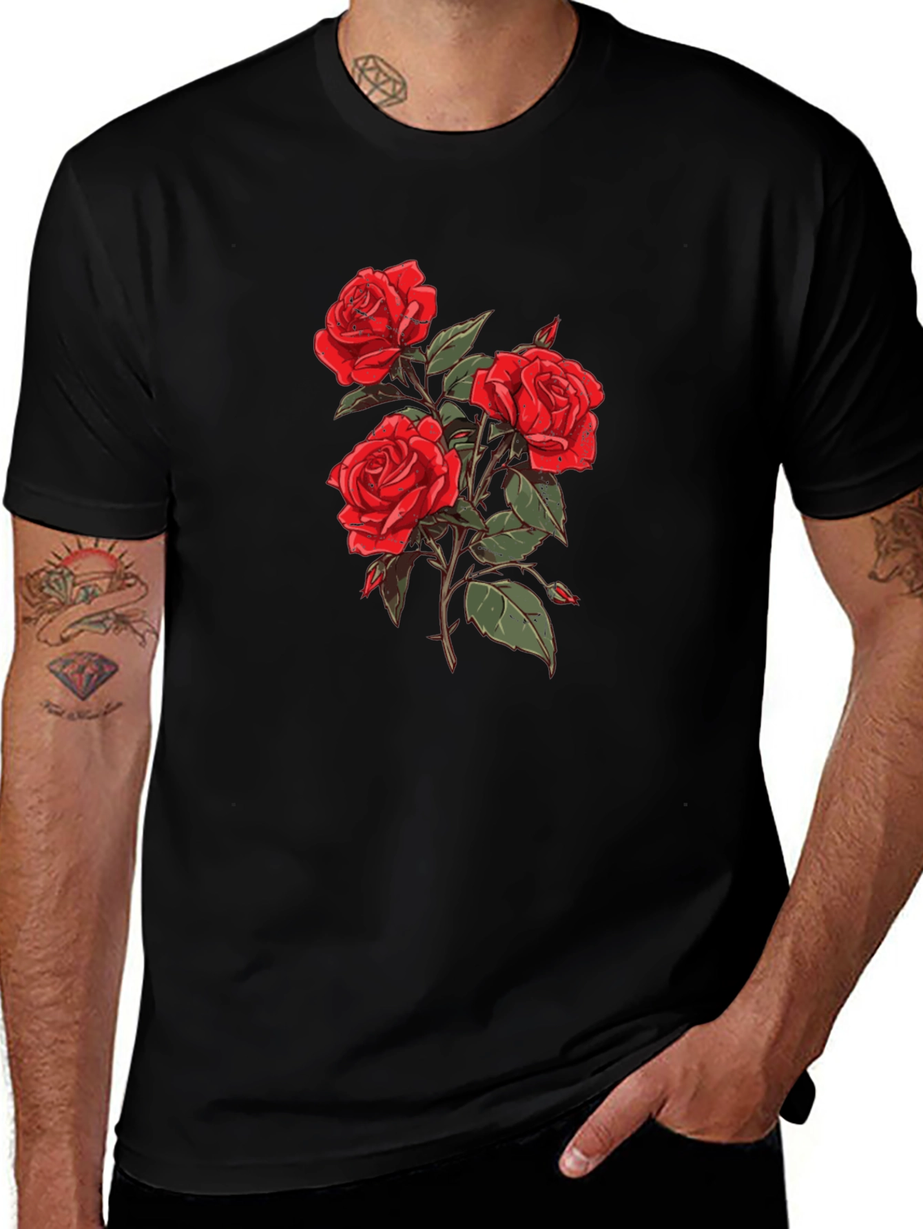 Black T-Shirt with Rose Graphic