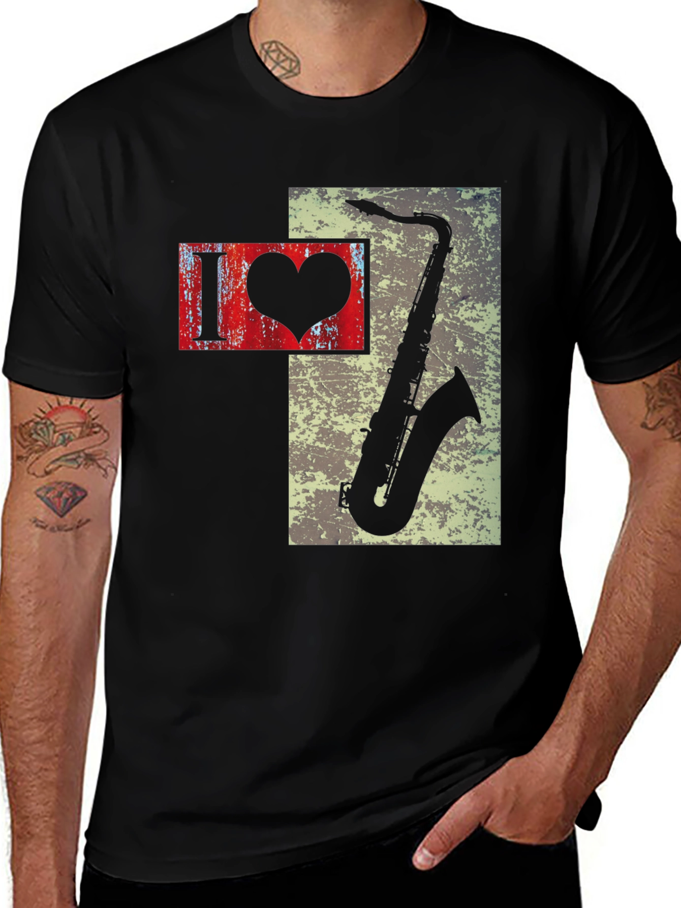 I Heart Saxophone Mens Black Graphic Tee