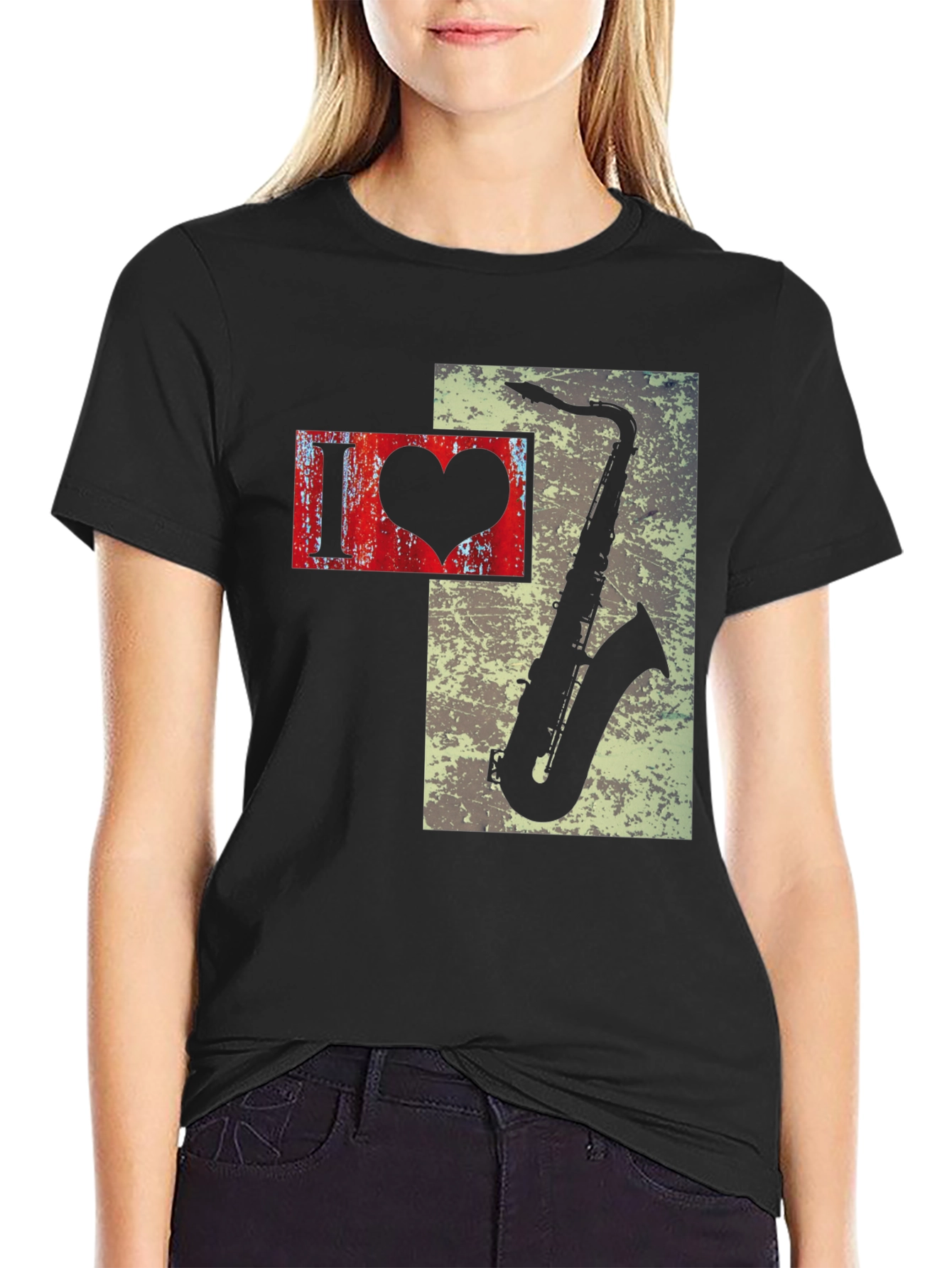 I Heart Saxophone Mens Black Graphic Tee