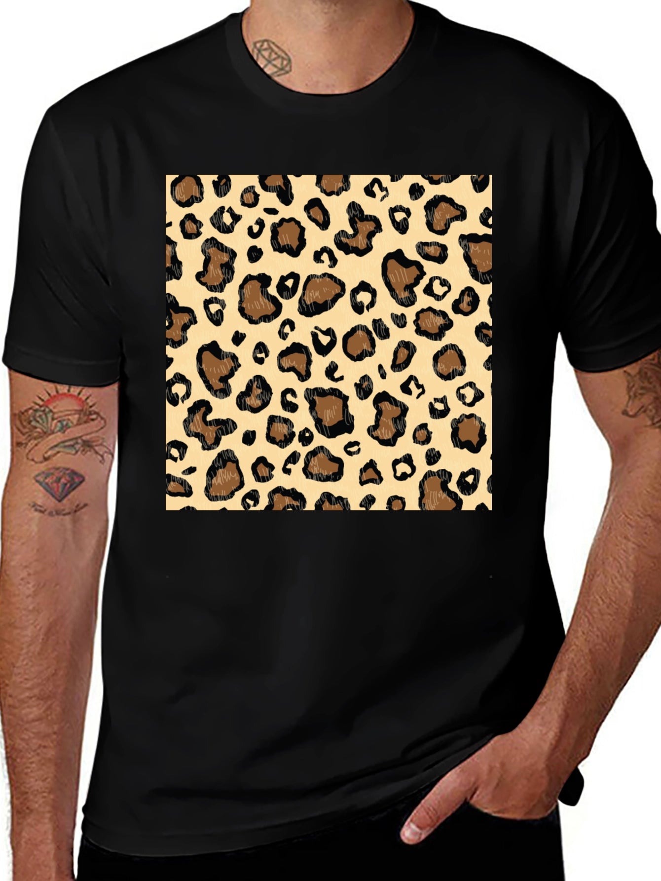 Leopard Print Graphic Tee - Stylish Mens Black T-Shirt