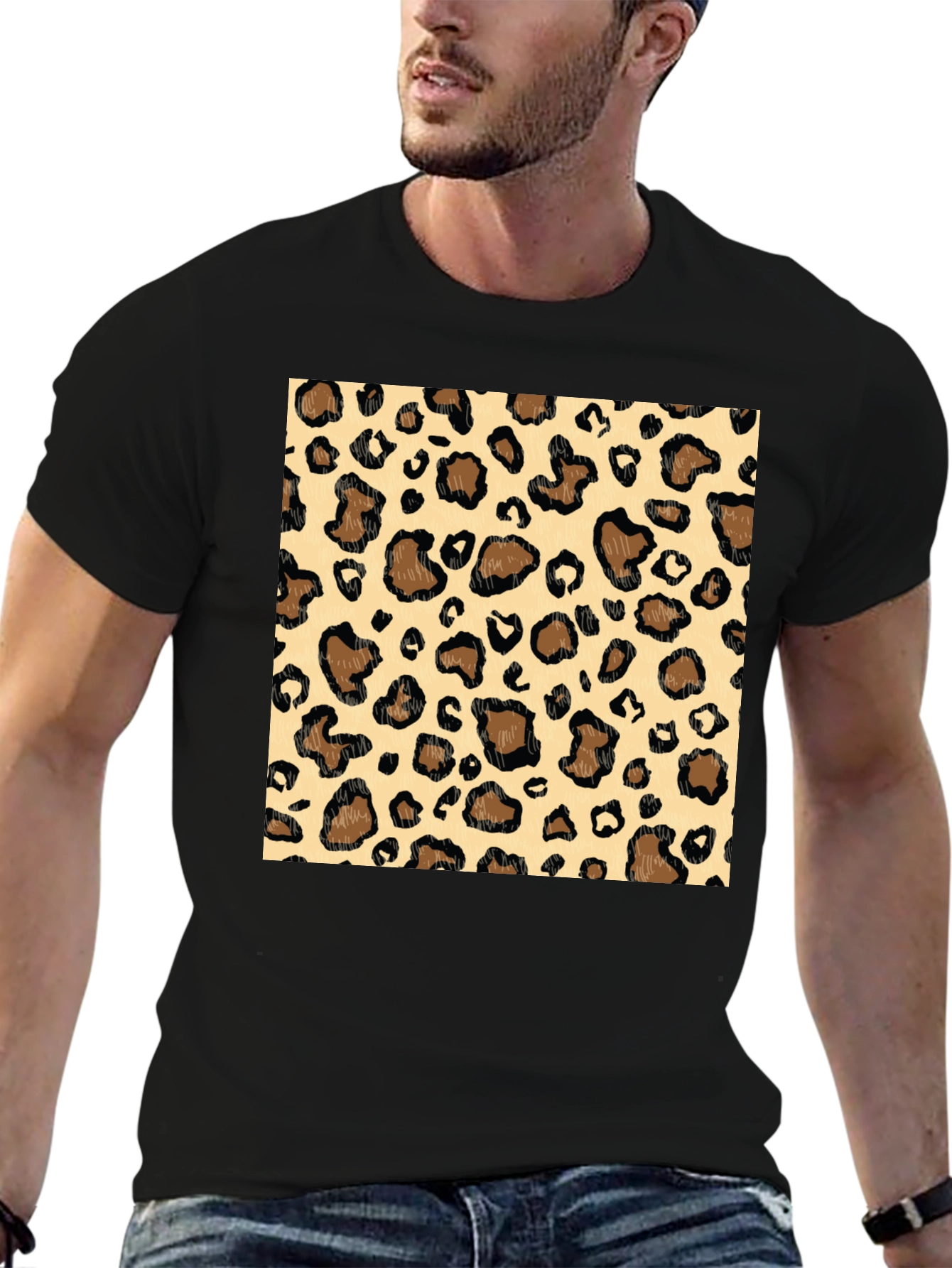 Leopard Print Graphic Tee - Stylish Mens Black T-Shirt