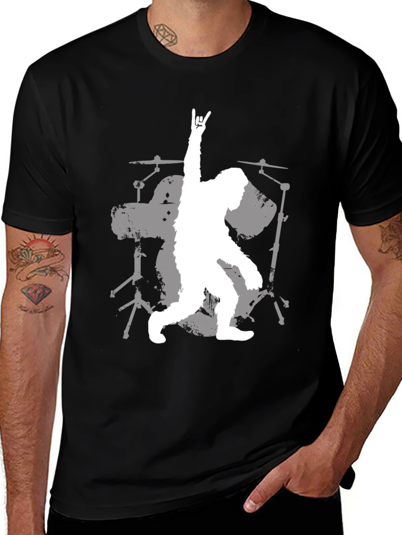 Sasquatch Drummer Graphic Tee - Black Cotton T-Shirt