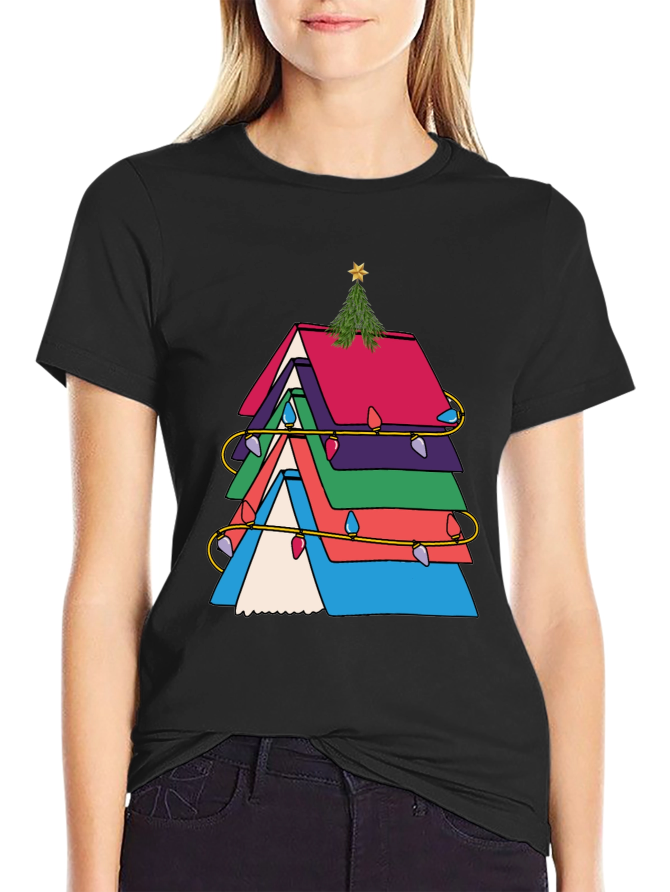 Festive Book Stack Christmas Tree T-Shirt