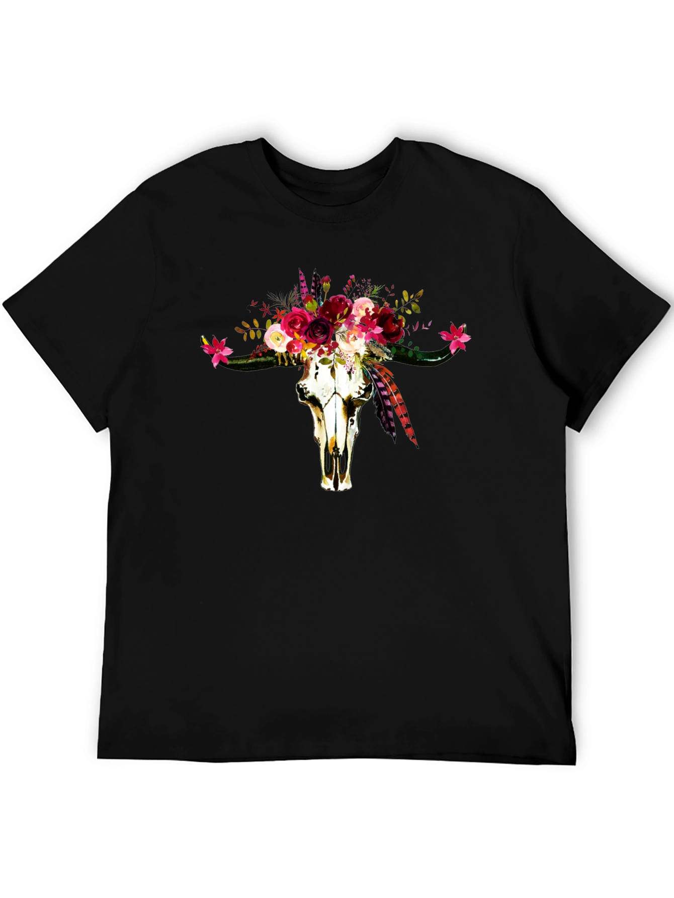 Floral Bull Skull Graphic Tee - Western Style