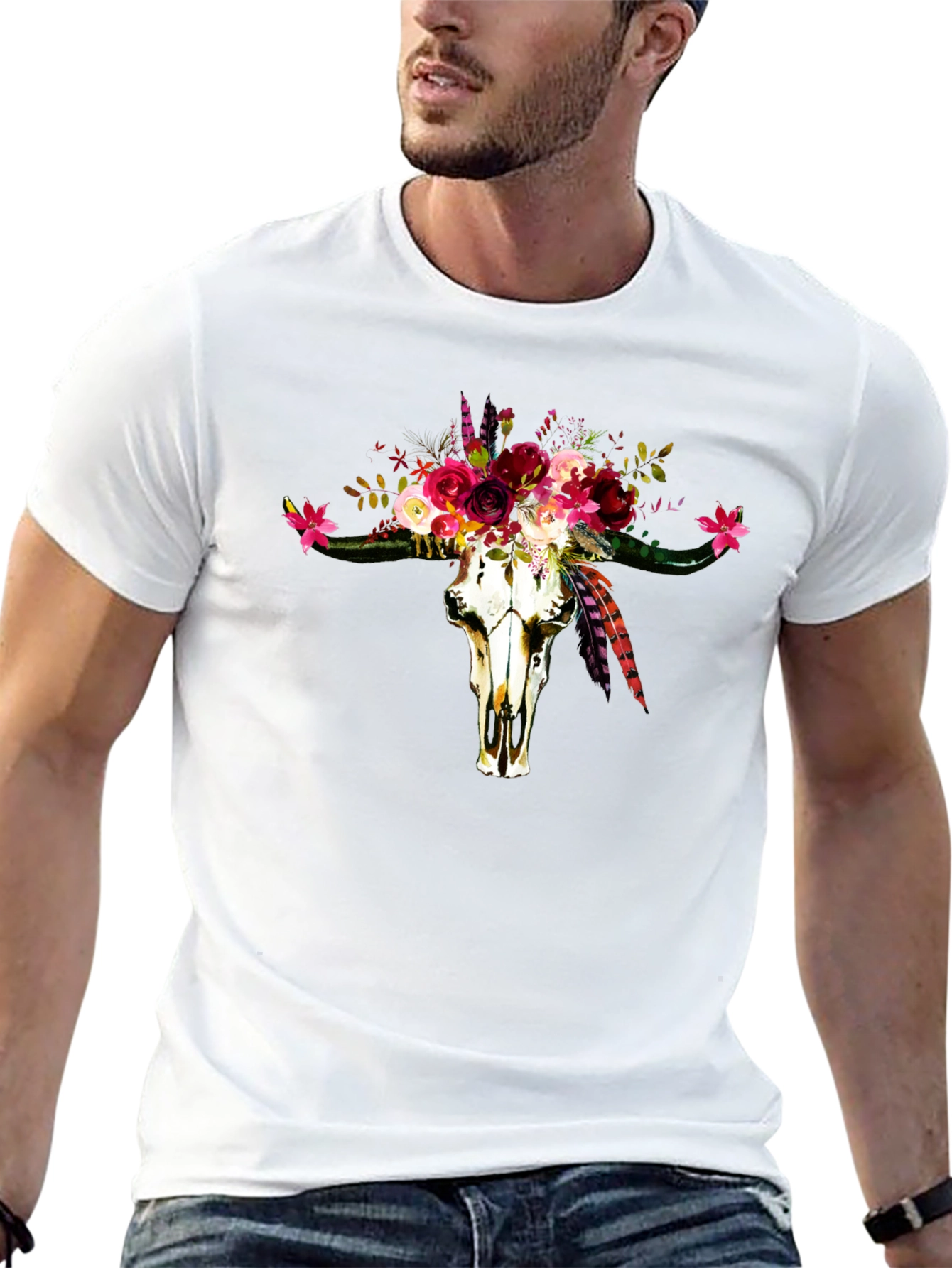Floral Bull Skull Graphic Tee - Western Style