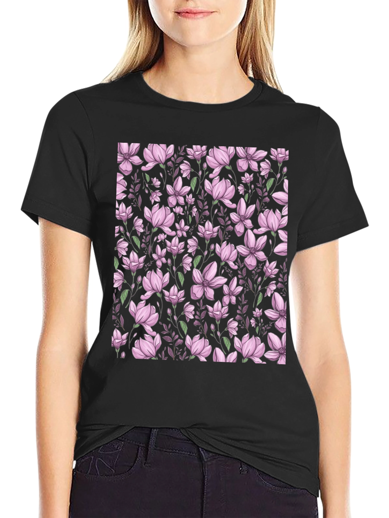 Floral Print T-Shirt - Black