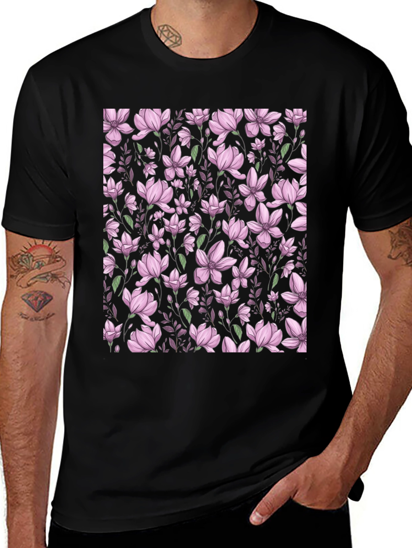 Floral Print T-Shirt - Black