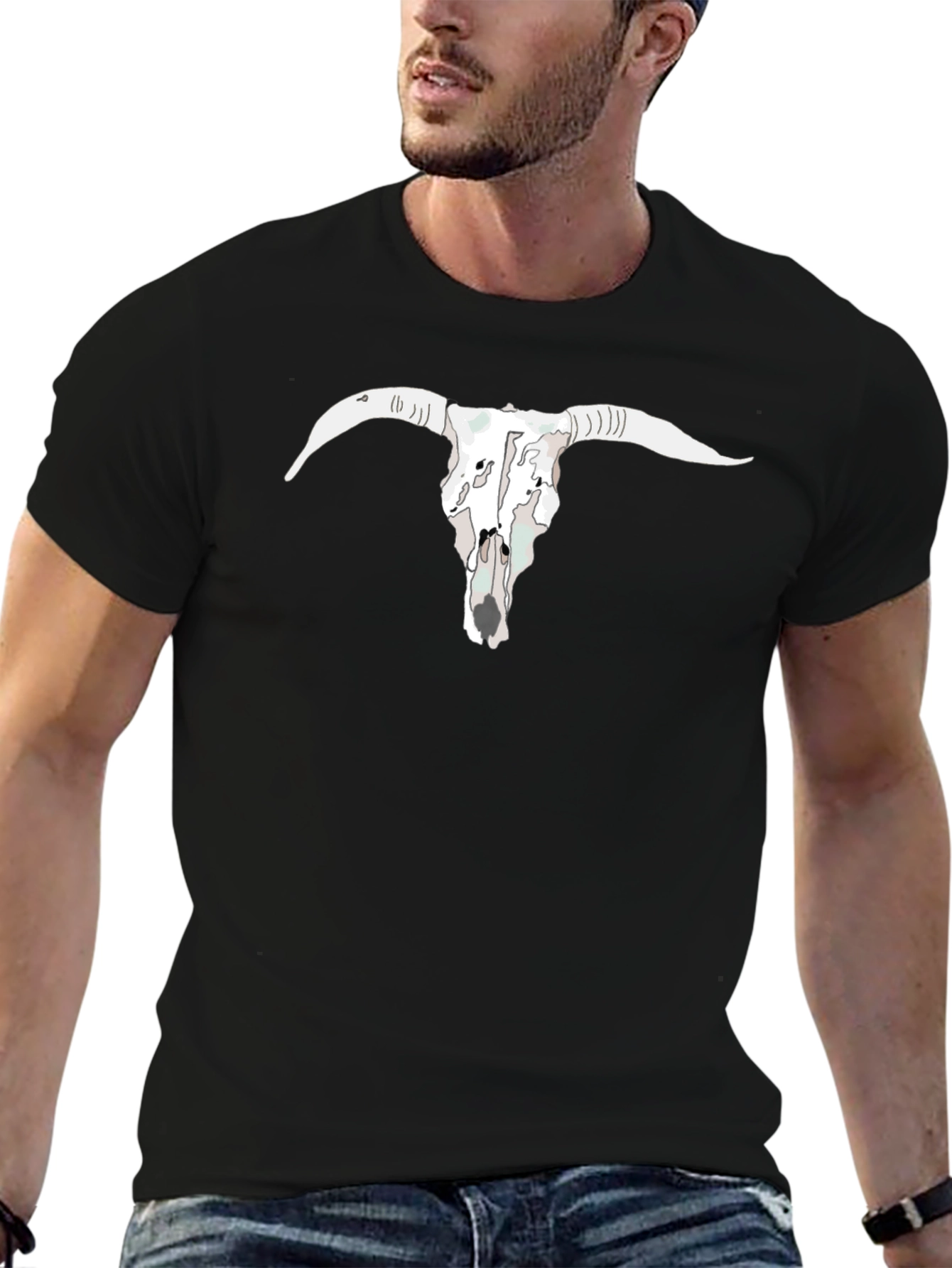 Mens Black T-Shirt with Bull Skull Graphic