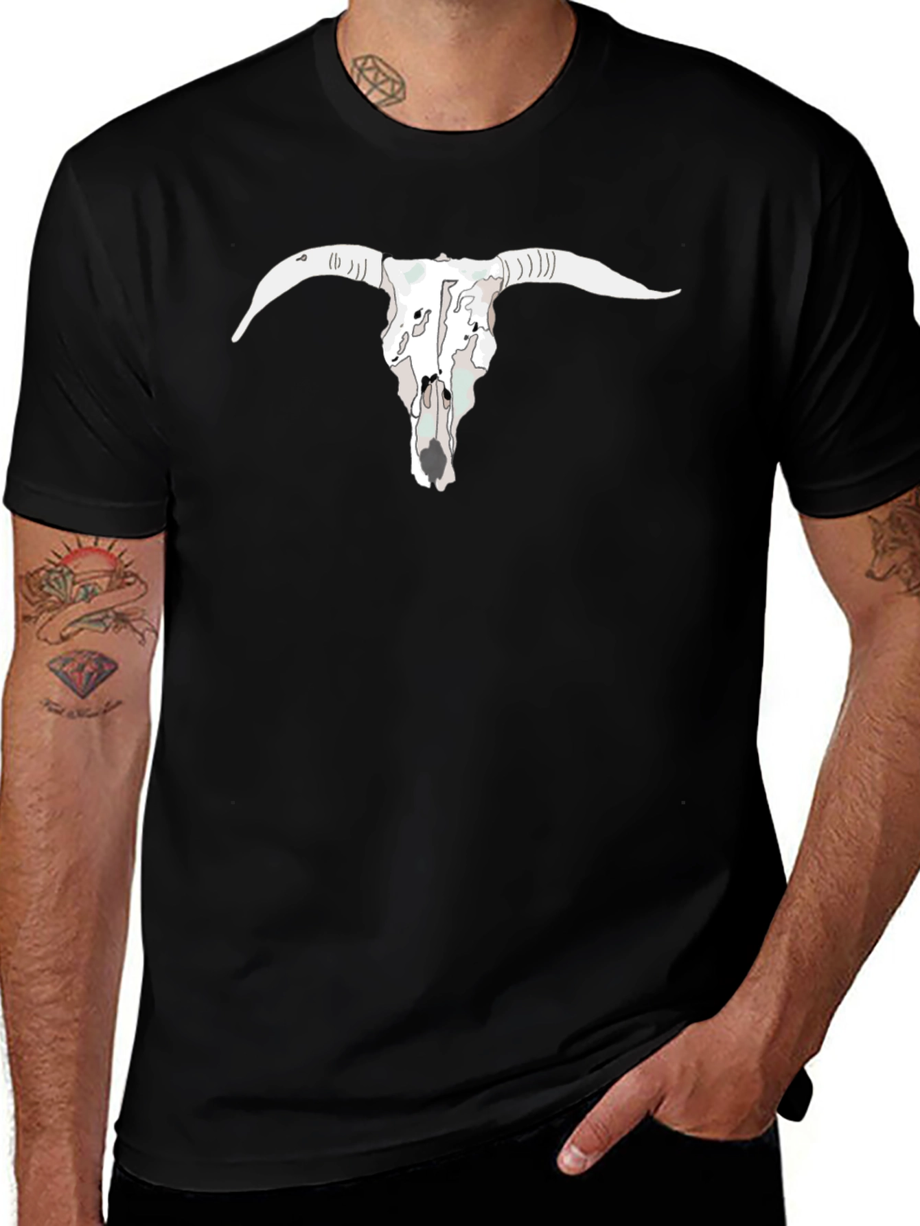 Mens Black T-Shirt with Bull Skull Graphic