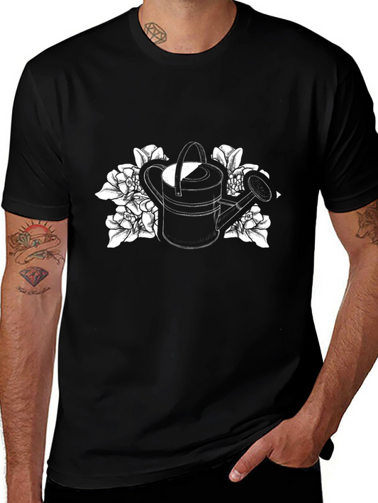 Black Watering Can Floral Graphic T-Shirt